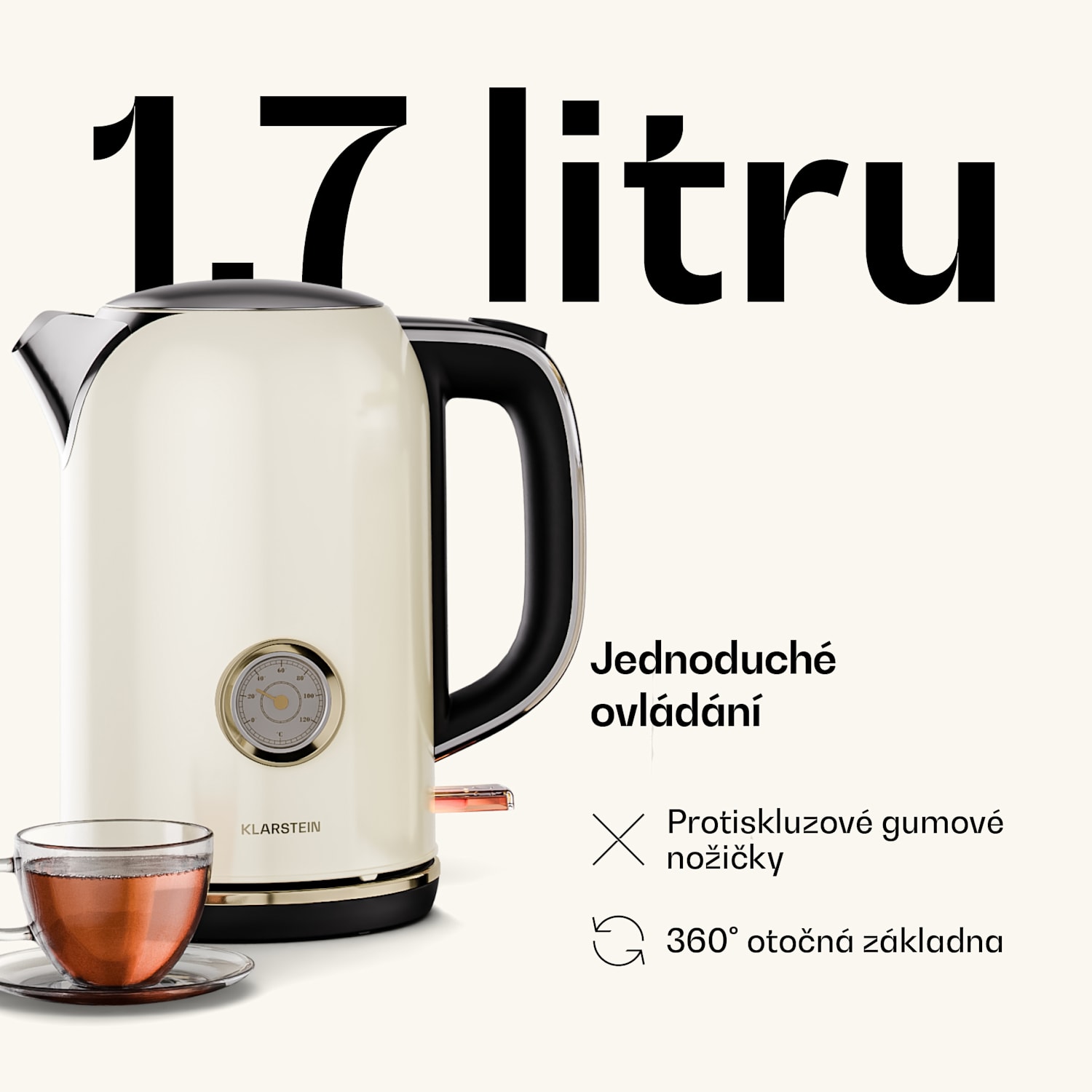 Rychlovarná konvice Victoria | 1,7 litru | 2200 W | 360° otočná základna | Nadčasový design 