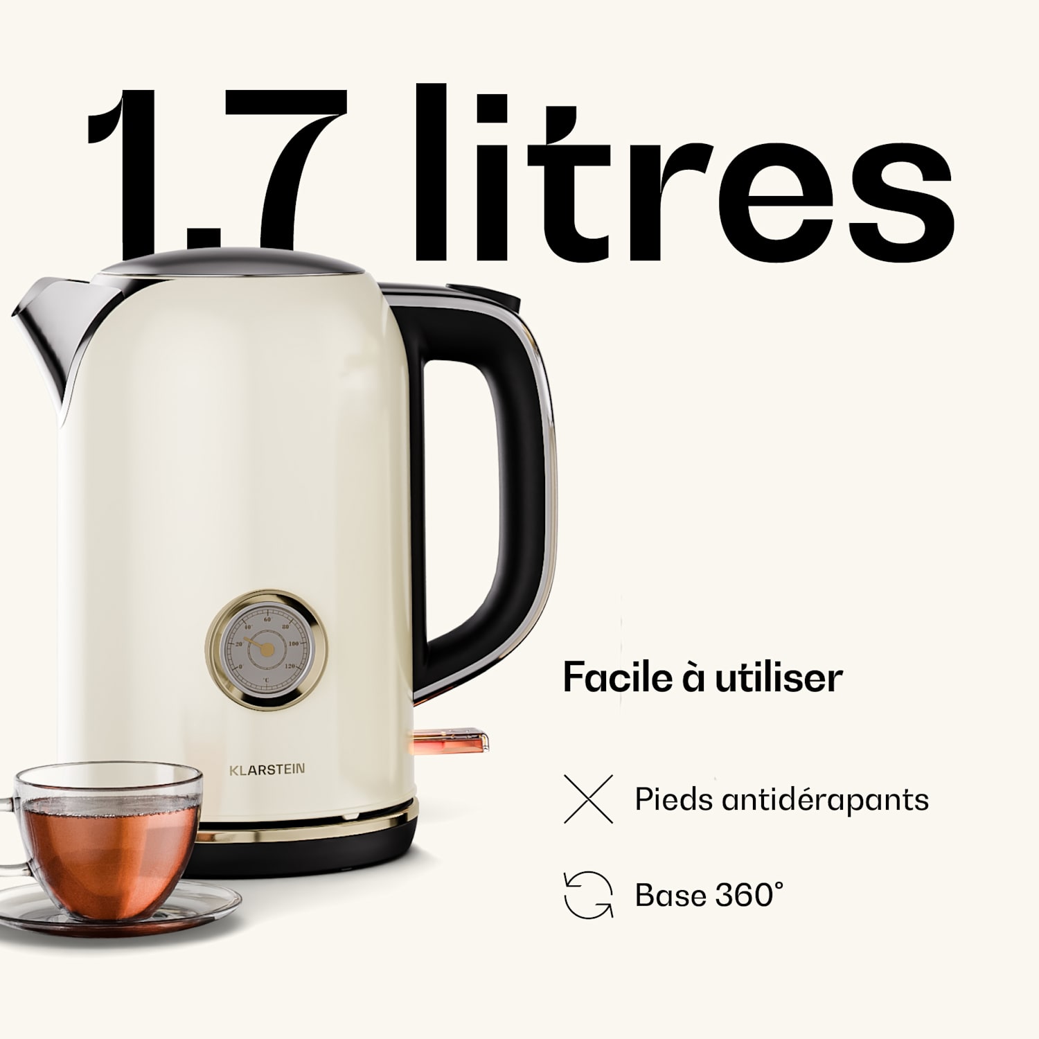 Bouilloire Victoria | 1,7 litre | 2200 W | Base pivotante à 360° | Design intemporel 