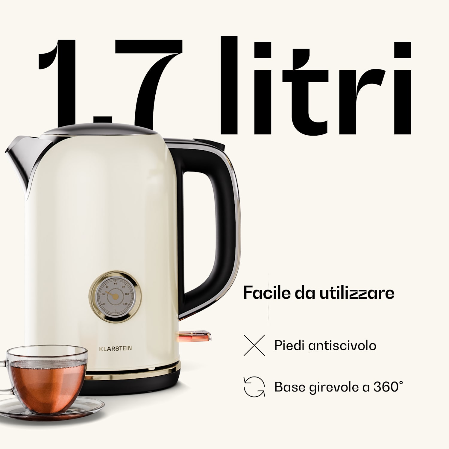 Victoria - Bollitore | 1,7 Litri | 2200 W | Base a 360° | Design senza tempo 