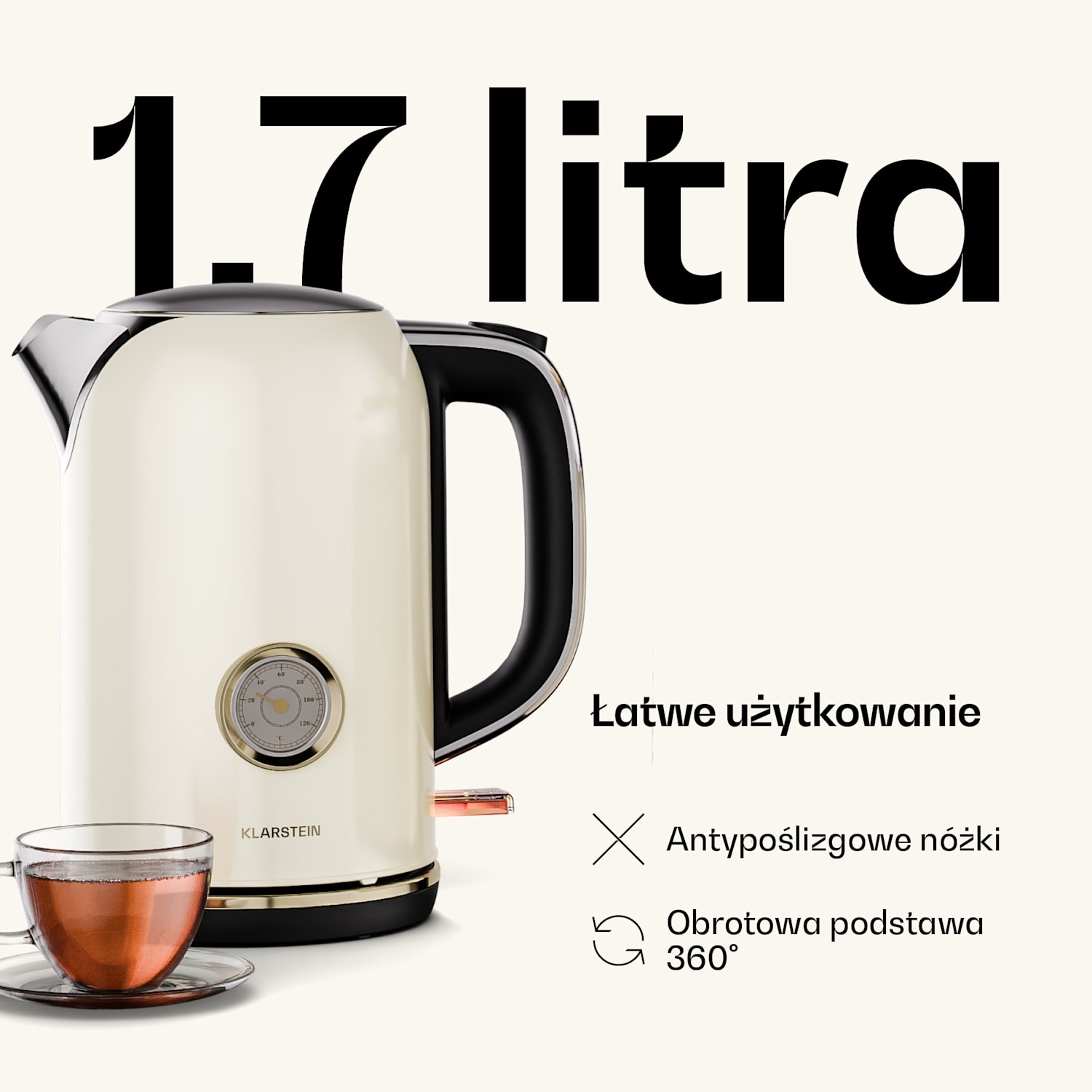 Czajnik Victoria | 1,7 litra | 2200 W | Obrotowa podstawa 360° | Ponadczasowy design 