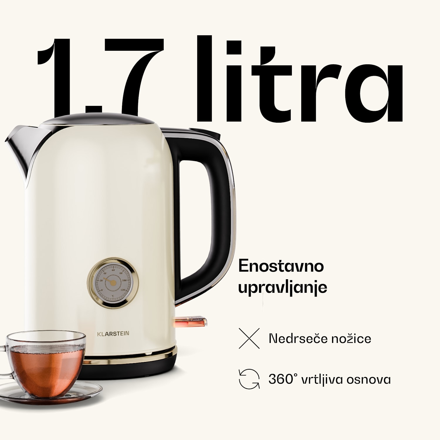 Električni kuhalnik Victoria | 1,7 litra | 2200 W | 360-stopinjsko vrtljivo podnožje | Brezčasna oblika 