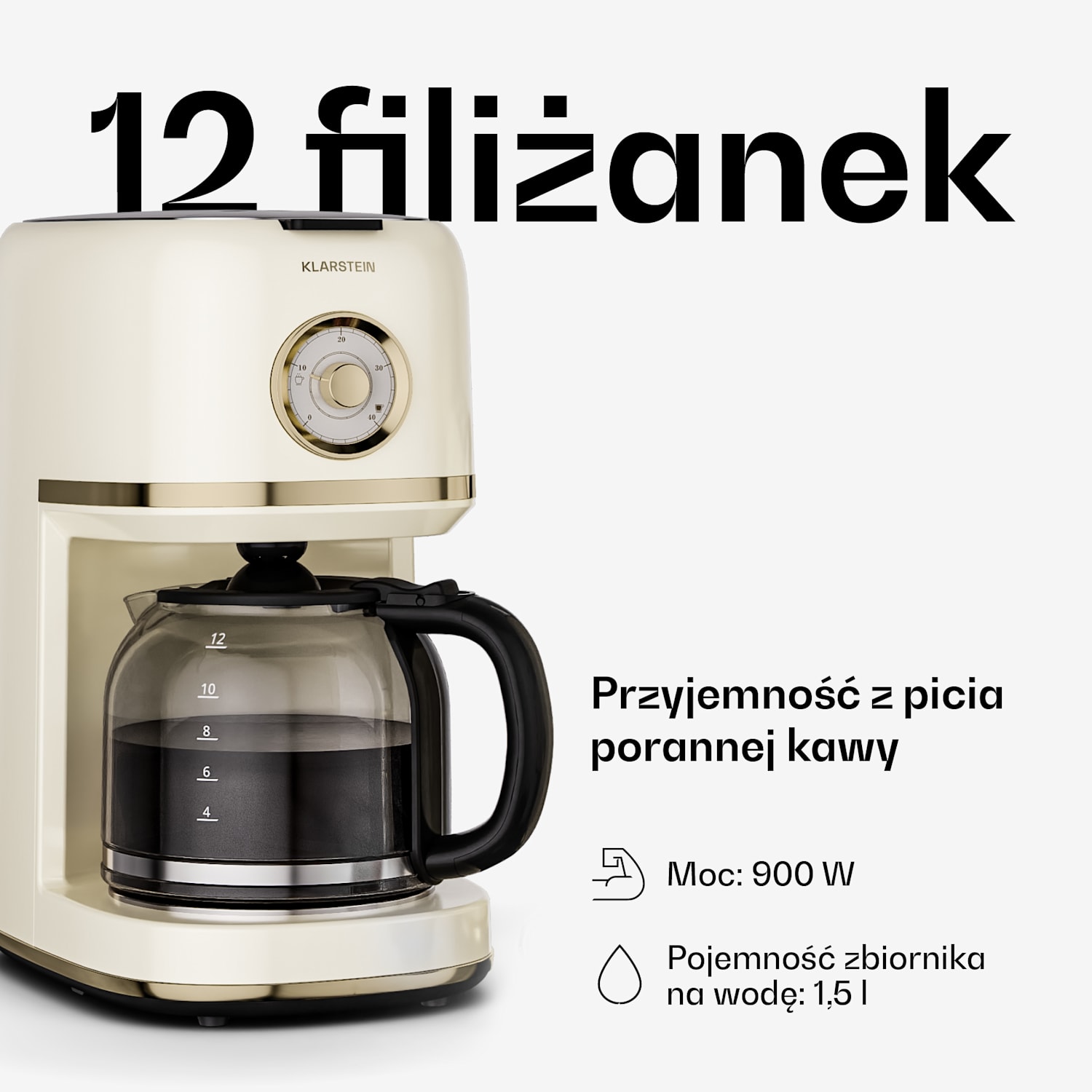 Victoria Przelewowy ekspres do kawy | 1,5 litra | Funkcja utrzymywania ciepła | 12 filiżanek Kremowy