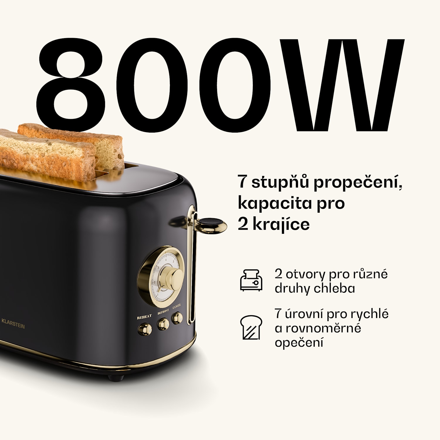 Topinkovač Victoria | Topinkovač na 2 plátky | 800 W | 7 úrovní opékání | Ohřívač housek 