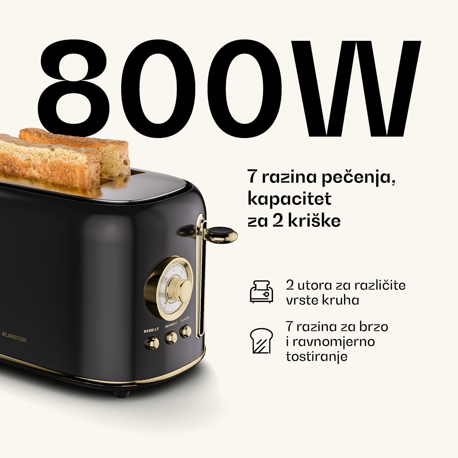 Toster Victoria | Toster za 2 kriške | 800 W | 7 razina pečenja | Grijač peciva 