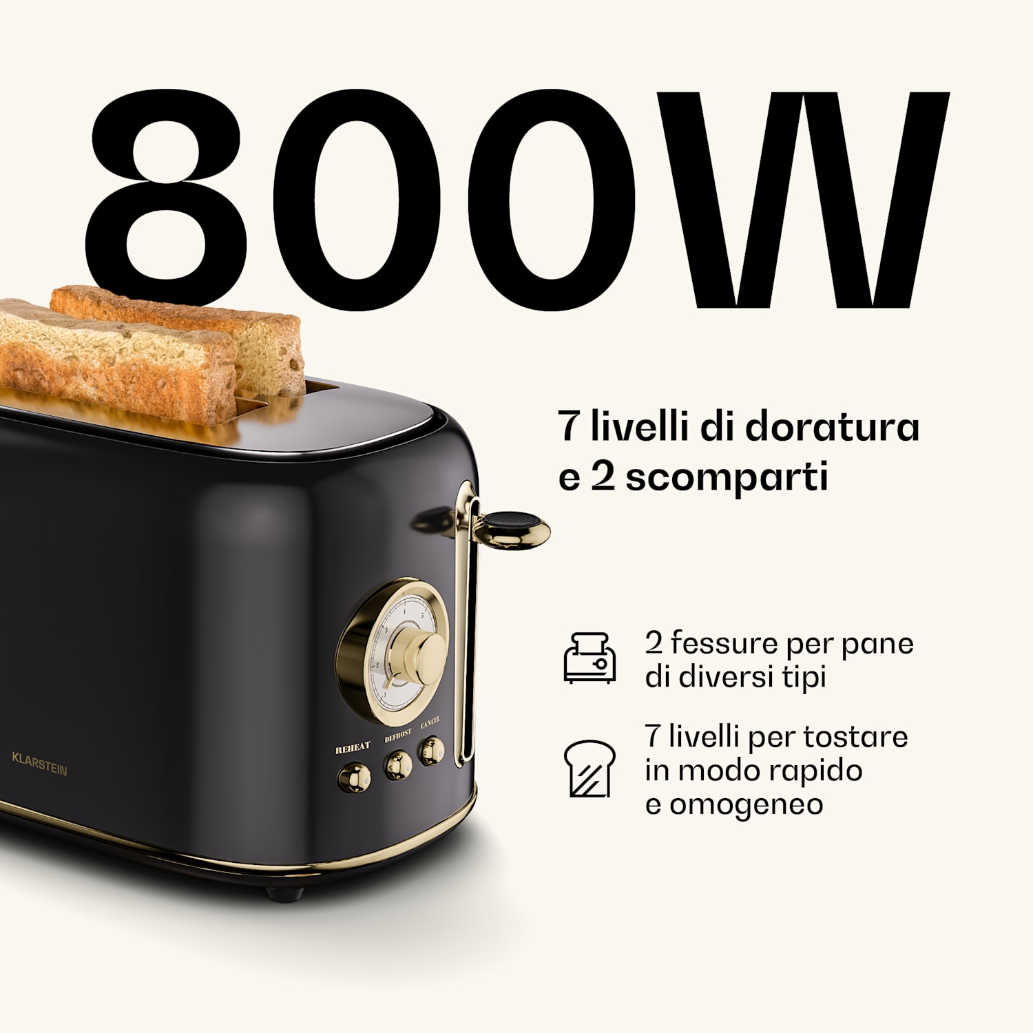 Victoria - Tostapane | 2 scomparti | 800 W | 7 livelli di doratura | Griglia per panini 