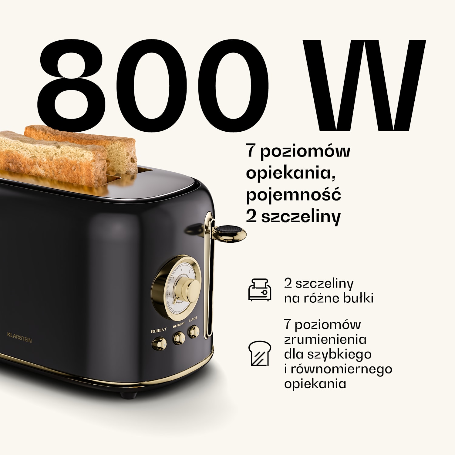 Toster Victoria | Toster na 2 kromki | 800 W | 7 poziomów opiekania | Podgrzewacz bułek 