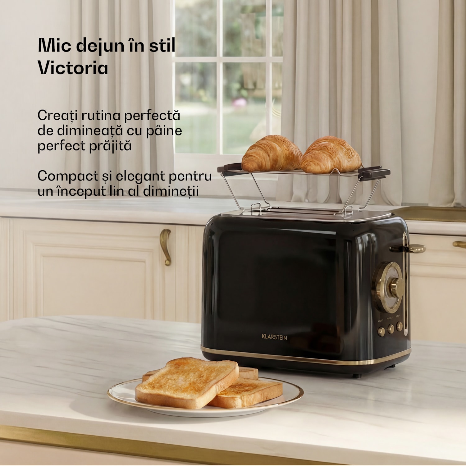 Prăjitor de pâine Victoria | Prăjitor pentru 2 felii | 800 W | 7 niveluri de rumenire | Suport pentru încălzirea chiflelor 