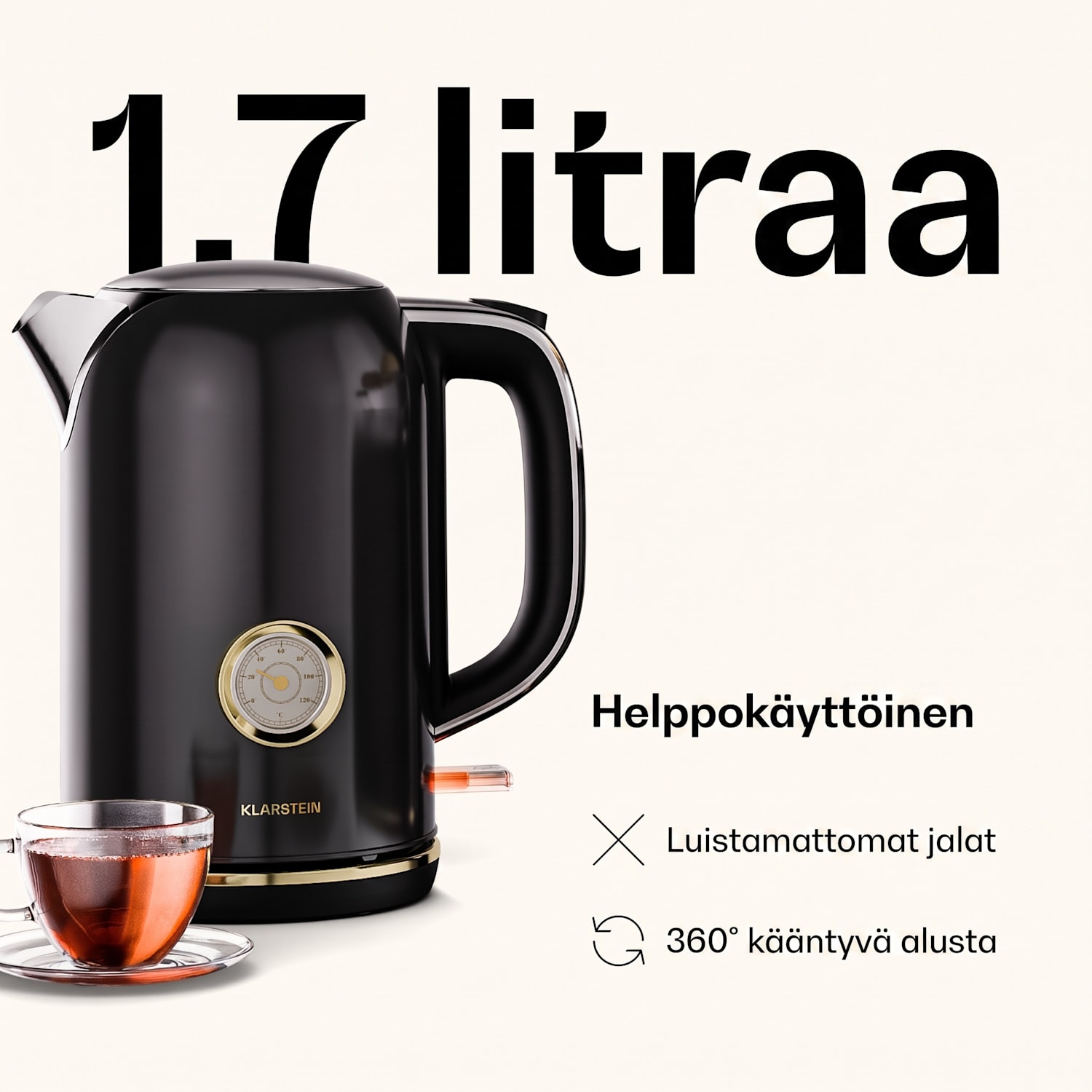 Victoria vedenkeitin | 1,7 litraa | 2200 W | 360° pyörivä jalusta | Ajaton muotoilu 