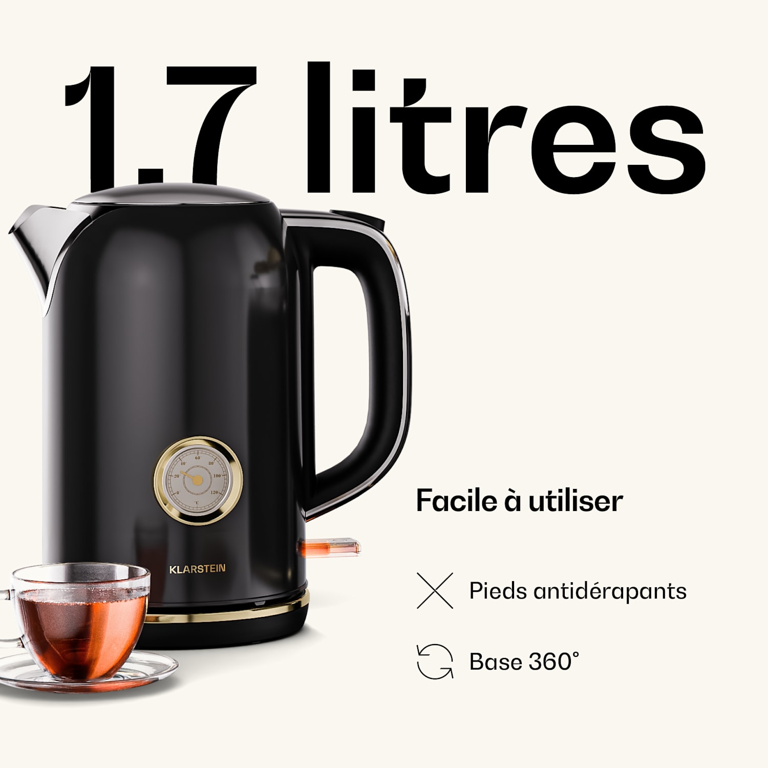 Bouilloire Victoria | 1,7 litre | 2200 W | Base pivotante à 360° | Design intemporel 