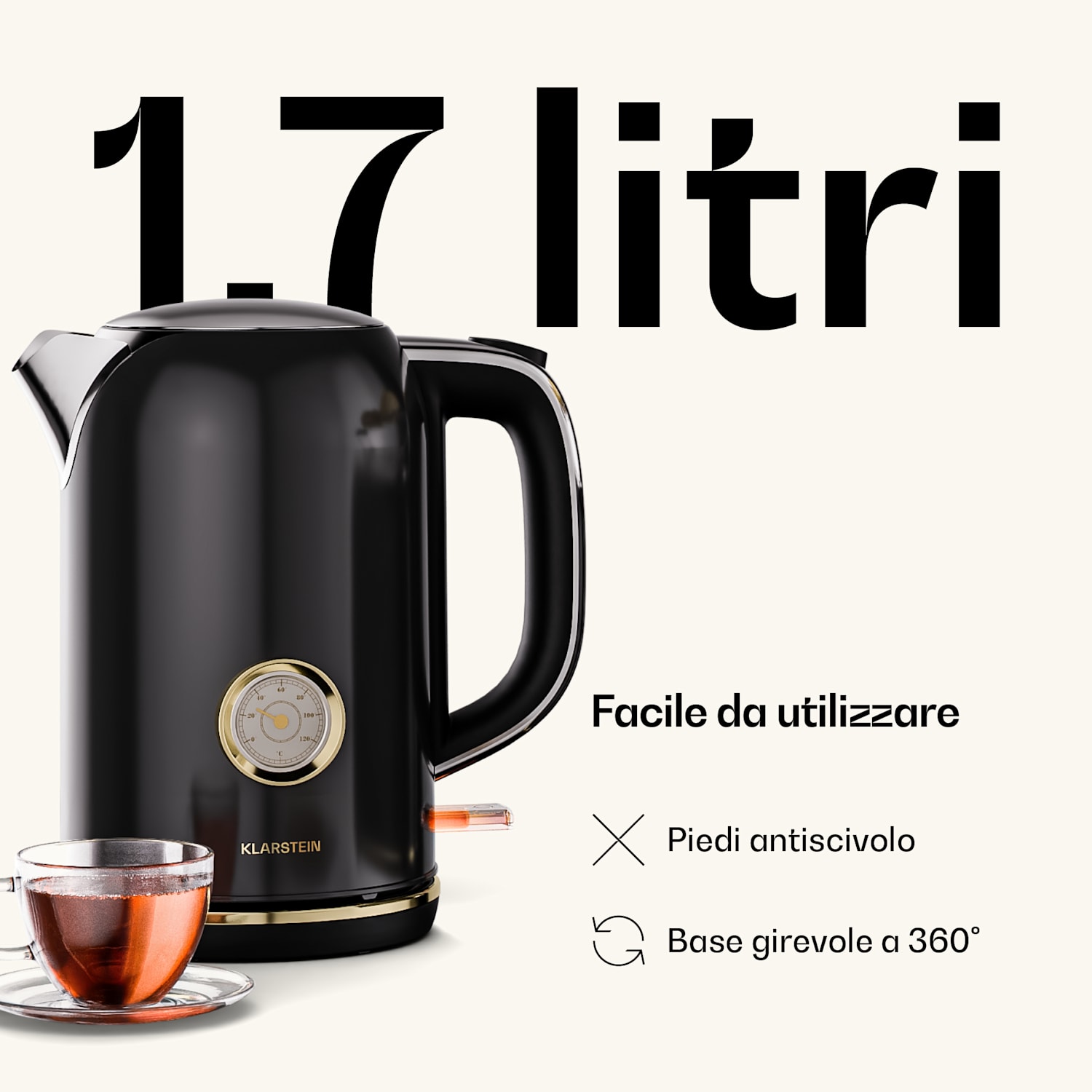 Victoria - Bollitore | 1,7 Litri | 2200 W | Base a 360° | Design senza tempo 