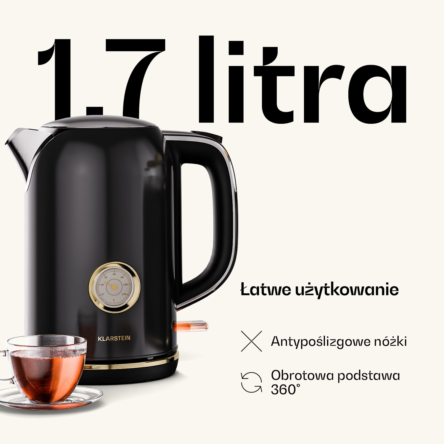 Czajnik Victoria | 1,7 litra | 2200 W | Obrotowa podstawa 360° | Ponadczasowy design 