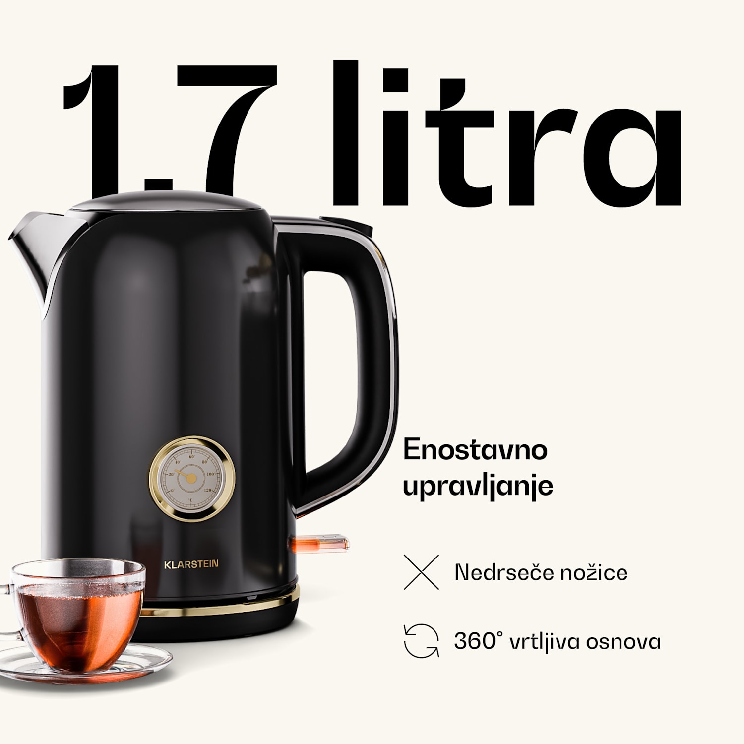 Električni kuhalnik Victoria | 1,7 litra | 2200 W | 360-stopinjsko vrtljivo podnožje | Brezčasna oblika 
