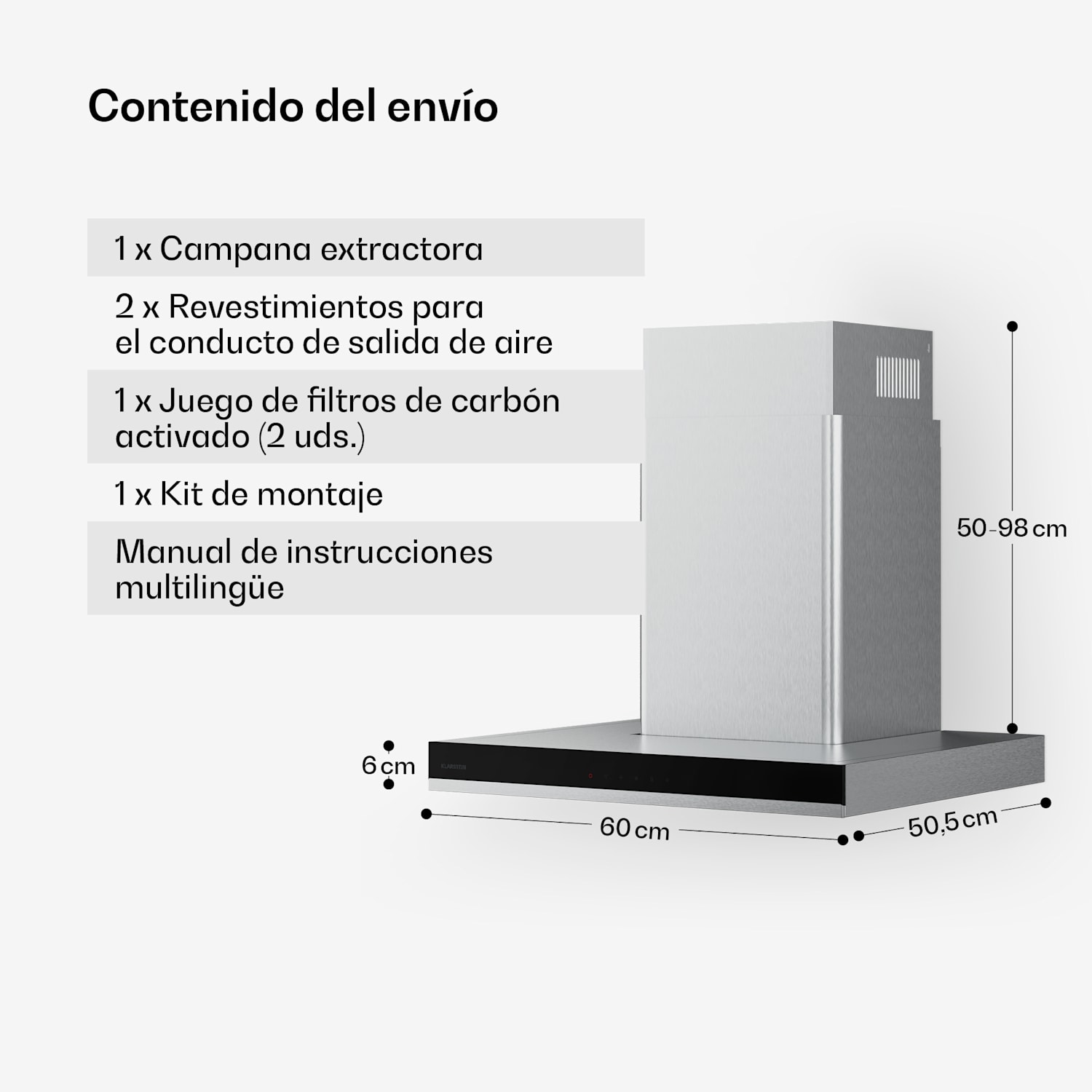 Campana extractora Verosteel 60 cm | Elegante, minimalista, potente | Clase de energía A++ | 881,6 m³/h 60 cm