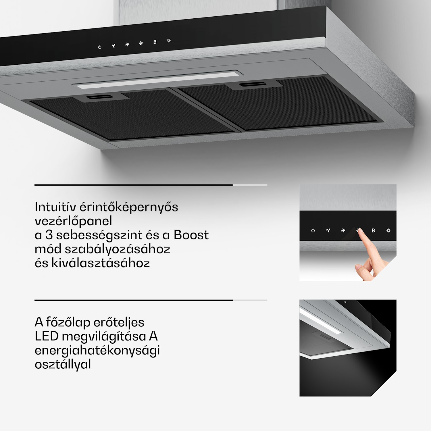 Verosteel páraelszívó 60 cm, Elegáns, minimalista, erőteljes, A++ energiaosztály, 881,6 m³/h 60 cm