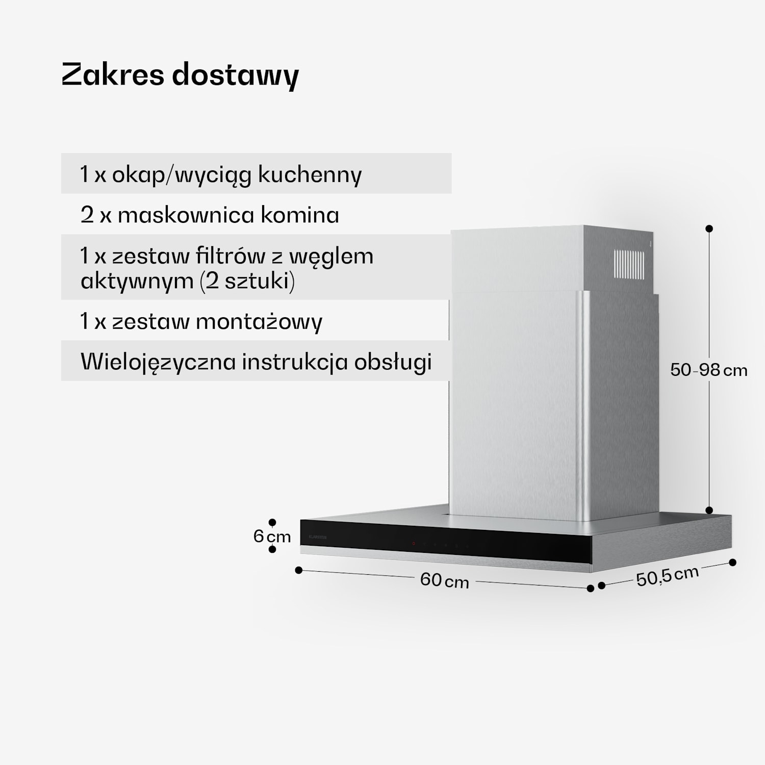 Okap kuchenny Verosteel 60 cm, Elegancki, minimalistyczny, wydajny, Klasa energetyczna A++ 881,6 m³/h 60 cm