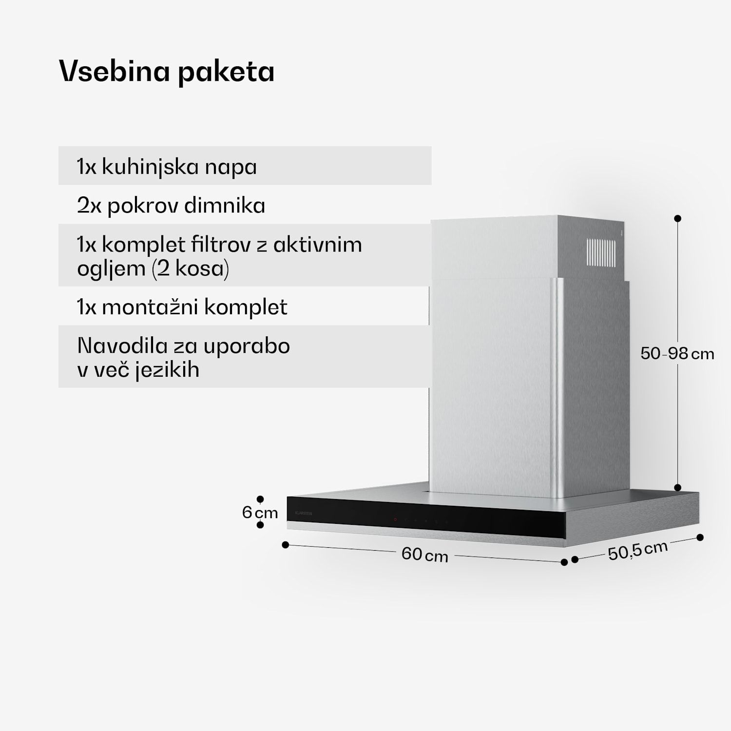 Verosteel napa 60 cm, Elegantna, minimalistična, močna, Energijski razred A++, 881,6 m³/h 60 cm