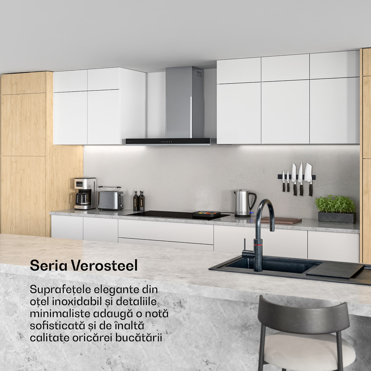 Verosteel hotă de bucătărie, Elegantă, minimalistă, puternică, Clasa energetică A++, 881,6 m³/h, 90 cm 90 cm