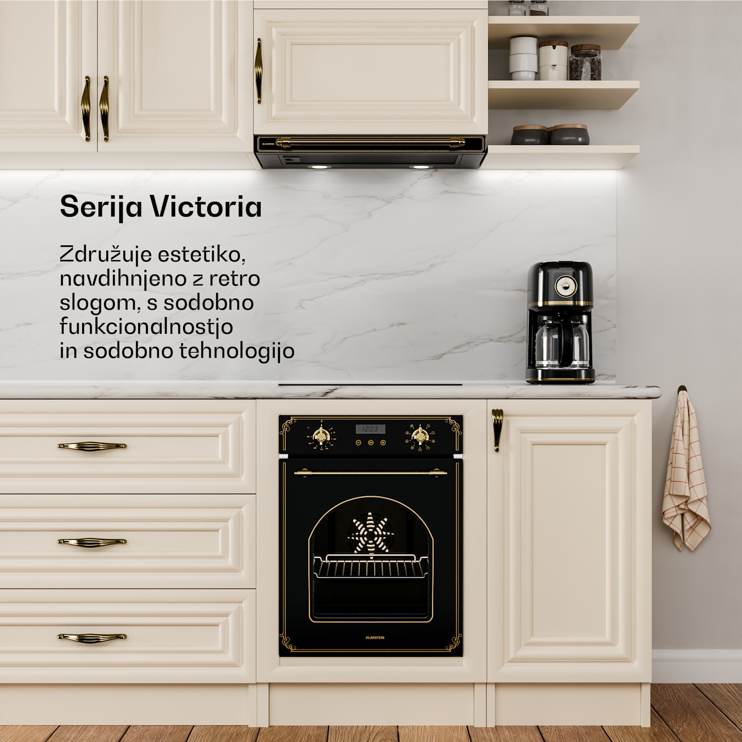 Victoria izvlečna kuhinjska napa elegantna, retro navdihnjena, brezčasna EEC A++ 359m³/h 60cm Črna