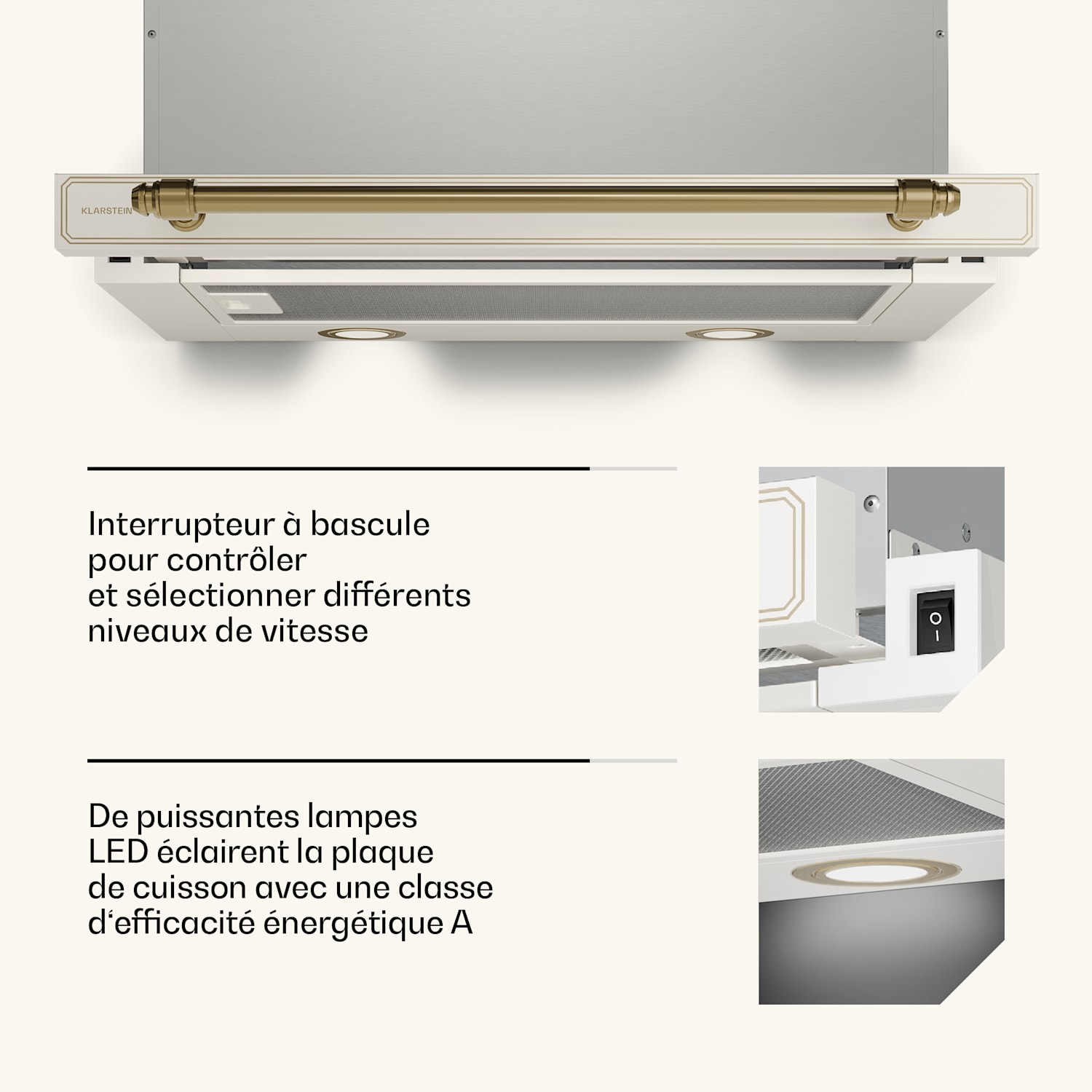 Victoria uitschuifbare afzuigkap, elegant, retro geïnspireerd, tijdloos, EEC A++ 358,54 m³/h, 60 cm Crème