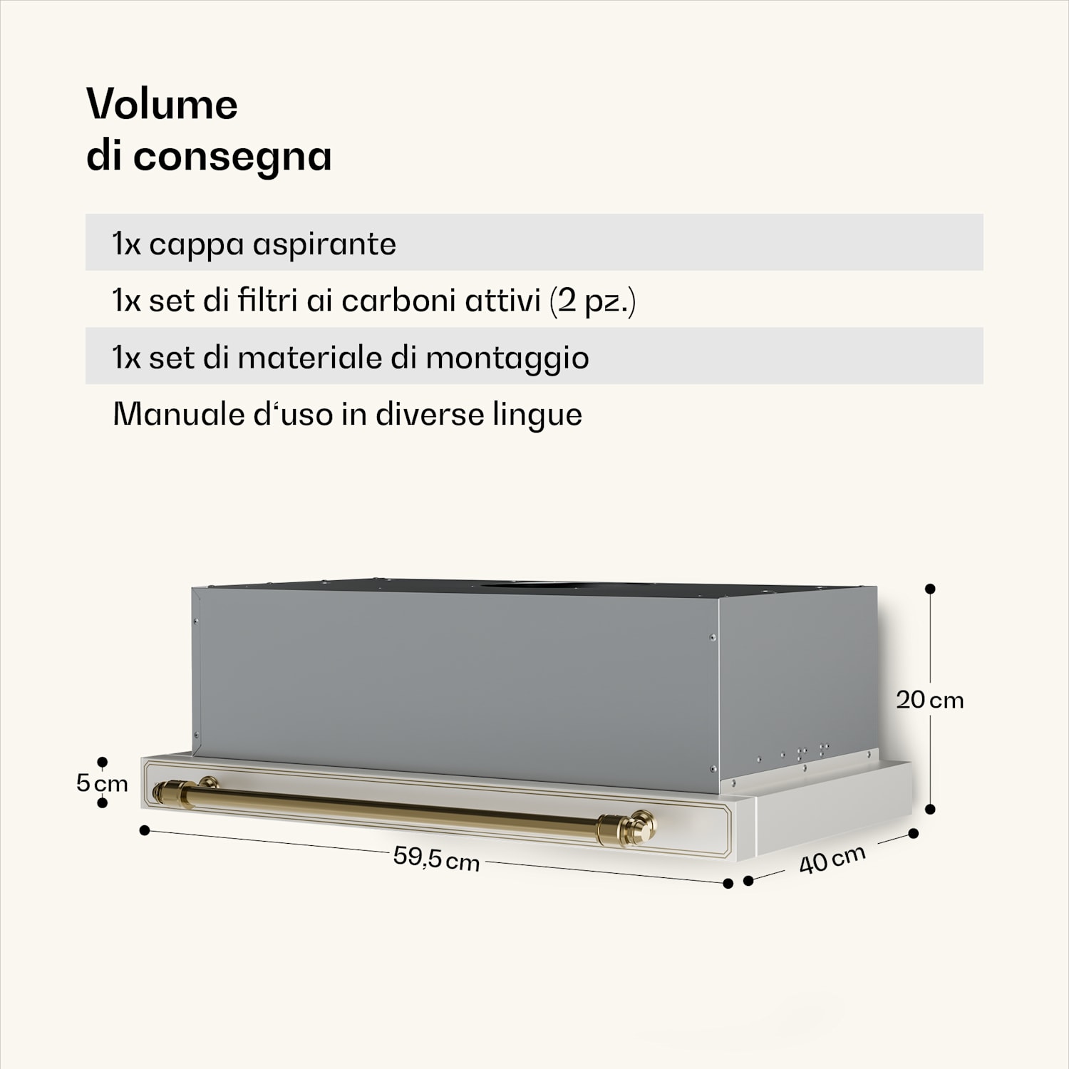 Victoria - Cappa aspirante a scomparsa, elegante, rétro, senza tempo, classe energetica A++, 358,54 m³/ora, 60 cm Crema