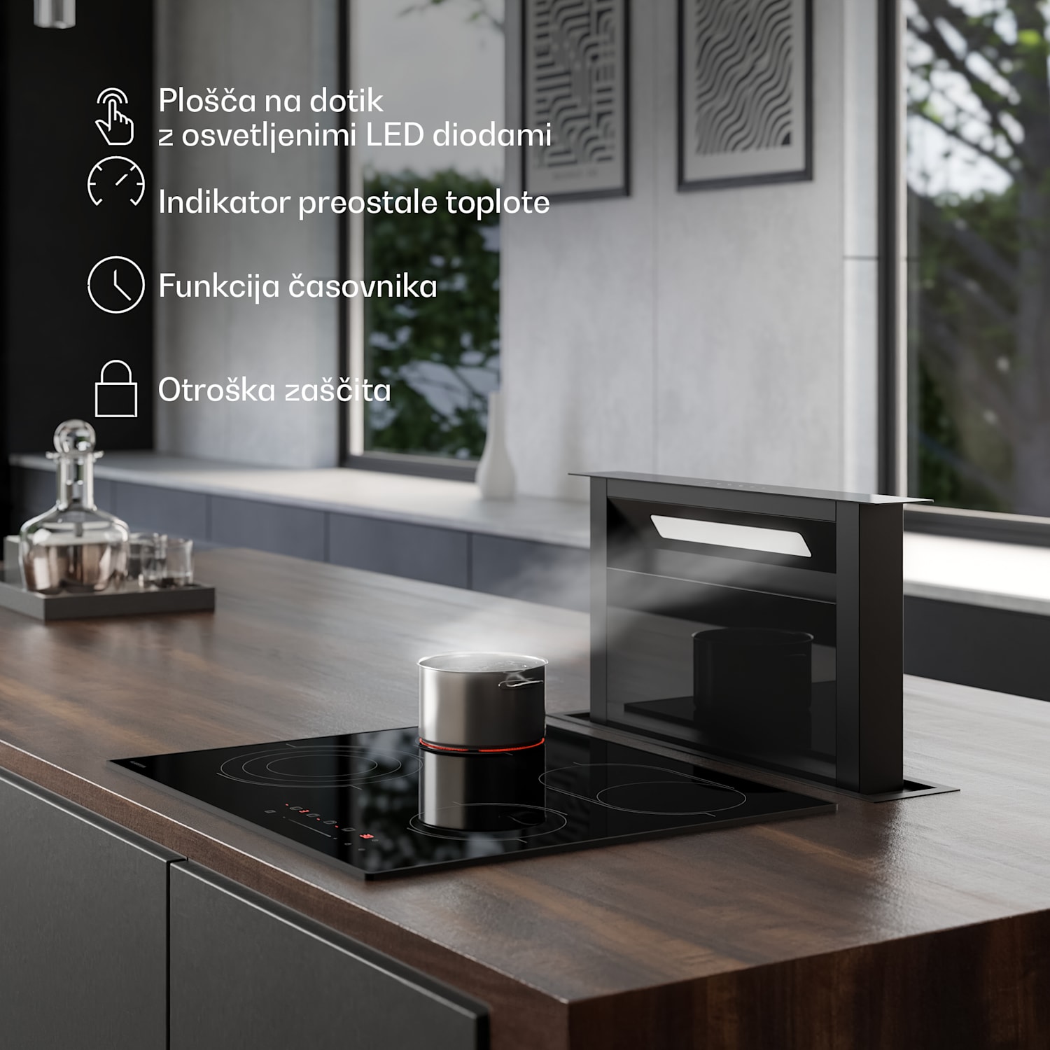 Velaire steklokeramična kuhalna plošč, elegantna, minimalistična, zmogljiva, 4 kuhalne cone, 6700 V, 60 cm 60 cm