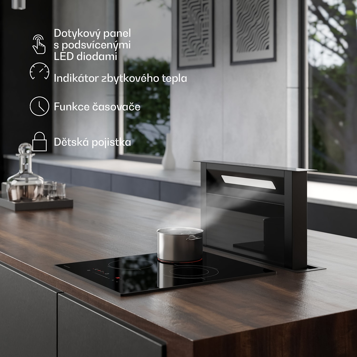 Velaire sklokeramická varná deska, elegantní, minimalistická, kompaktní, 3 varné zóny, 4100 W, 45 cm 45 cm