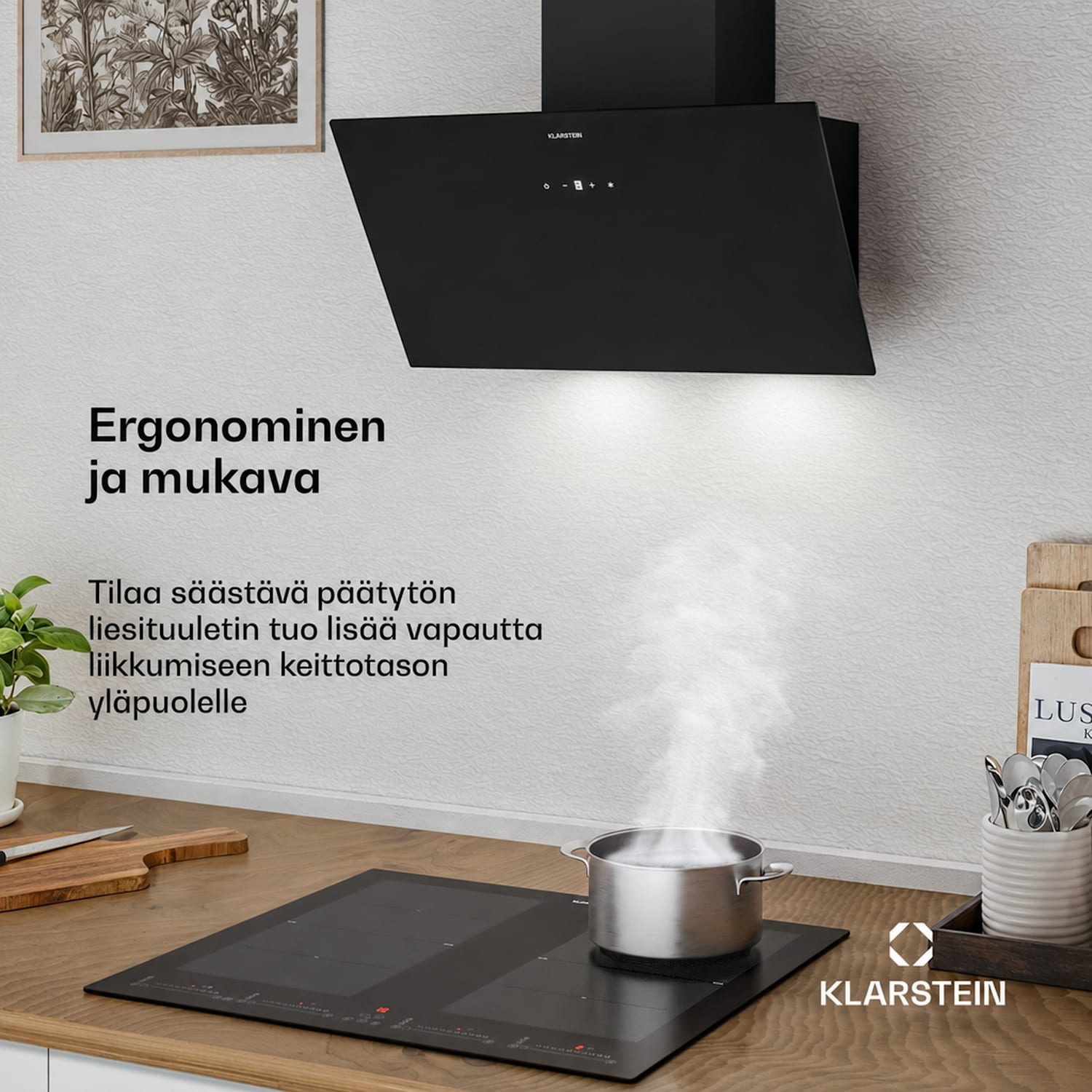 Laurel liesituuletin | Poisto- ja kiertoilmatoiminto | Turvalasi | 417 m³/h | 60 cm 60 cm | Musta