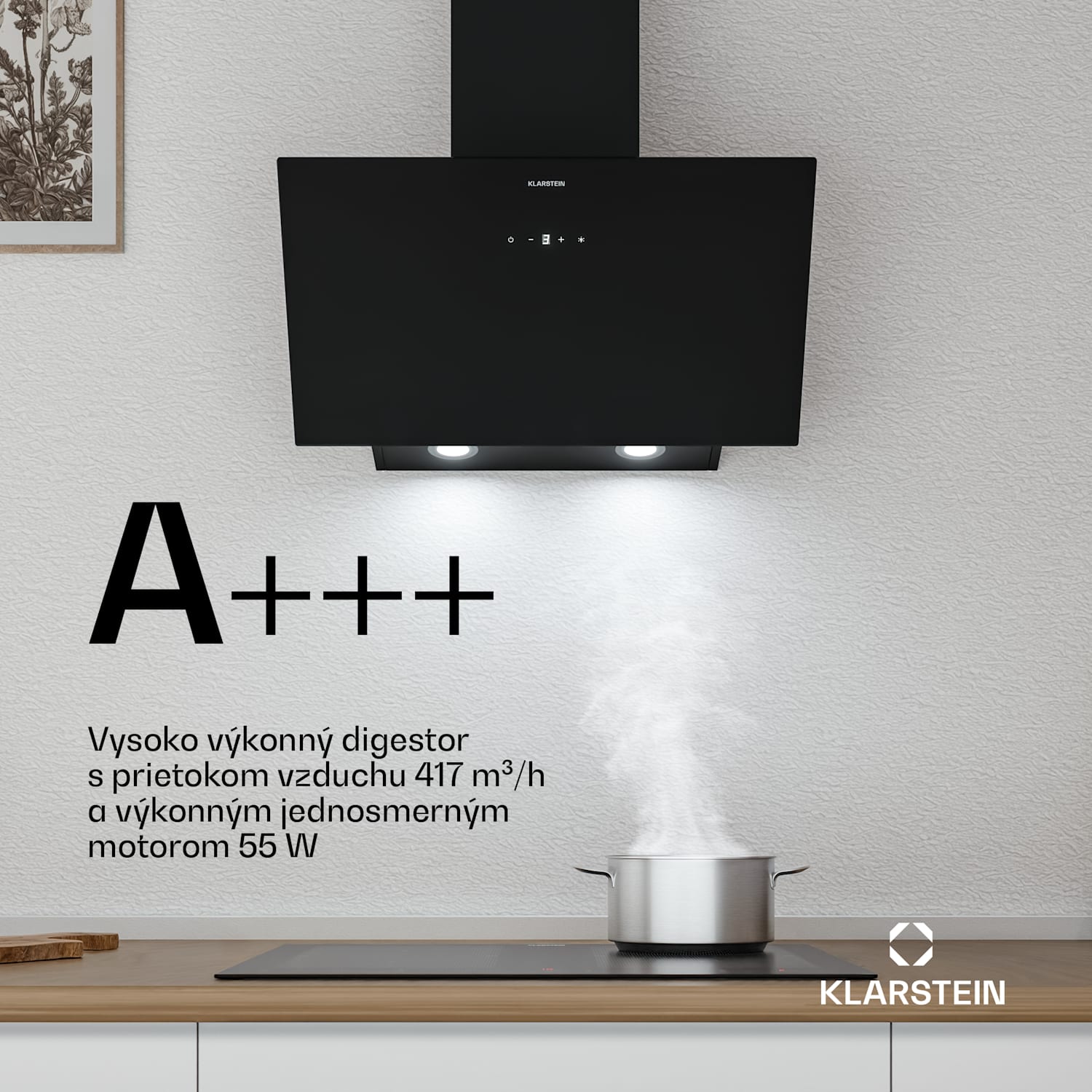 Laurel šikmý digestor | režim odsávania vzduchu a recirkulácie | bezpečnostné sklo | 417 m³/h | 60 cm 60 cm | Čierna