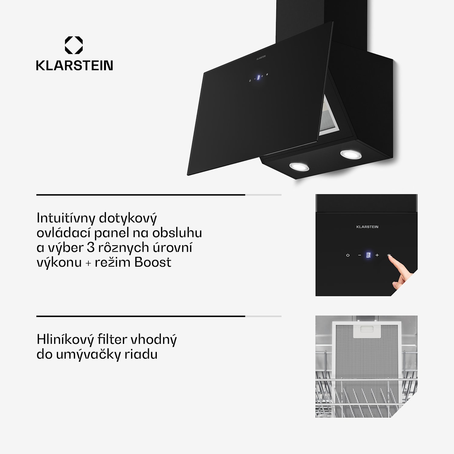 Laurel šikmý digestor | režim odsávania vzduchu a recirkulácie | bezpečnostné sklo | 417 m³/h | 60 cm 60 cm | Čierna