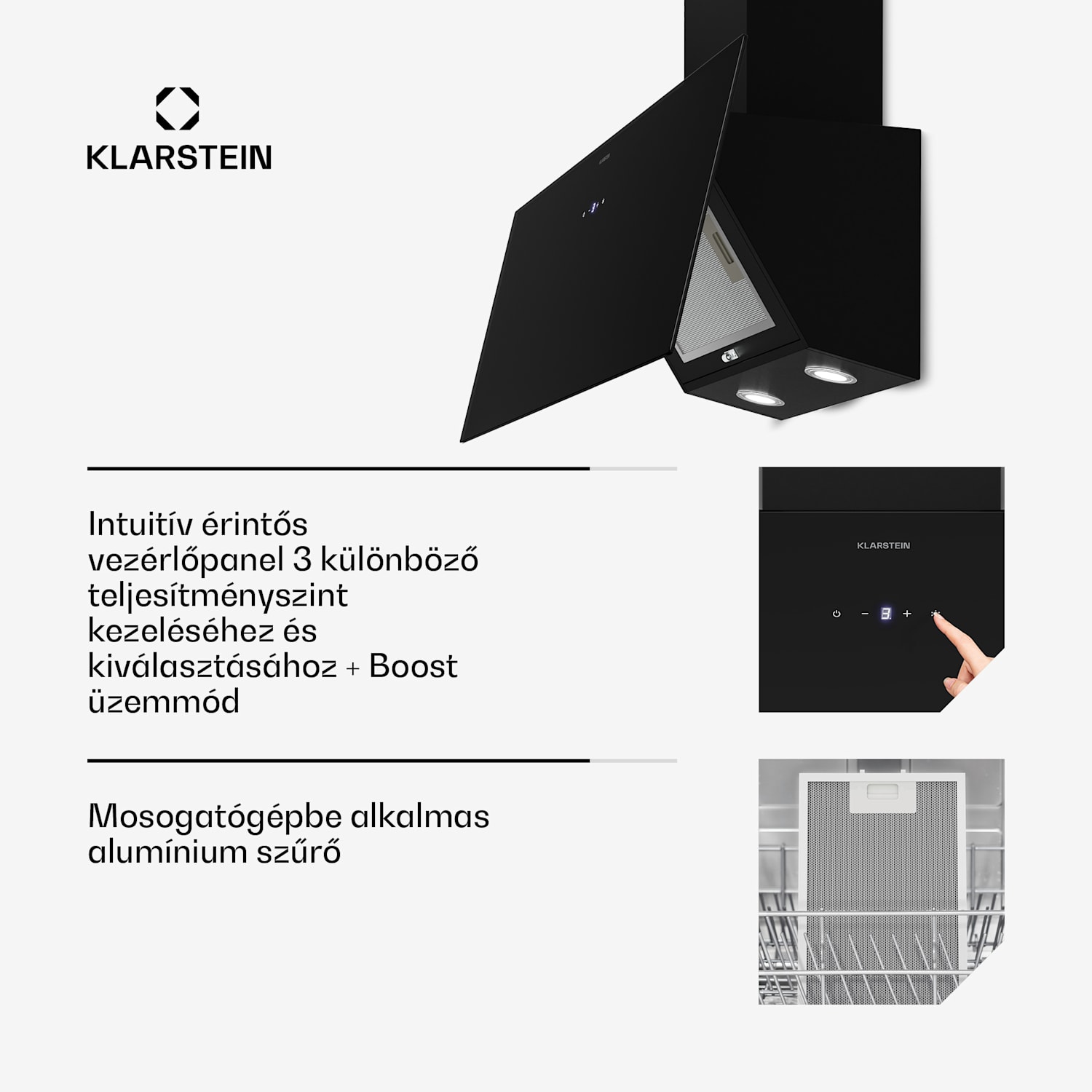 Laurel ferde páraelszívó | elszívó és keringtető üzemmód | biztonsági üveg | 417m³/h | 90cm 90 cm | Fekete