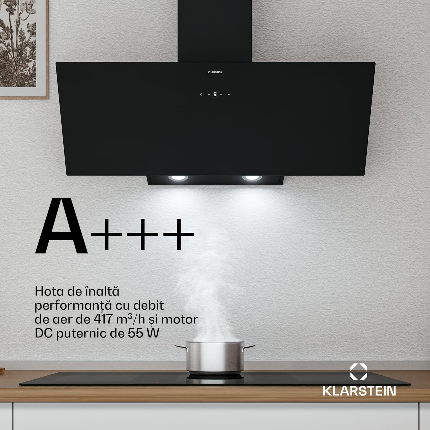 Hota înclinată Laurel | mod de evacuare și recirculare a aerului | sticlă de siguranță | 417 m³/h | 90 cm 90 cm | Negru