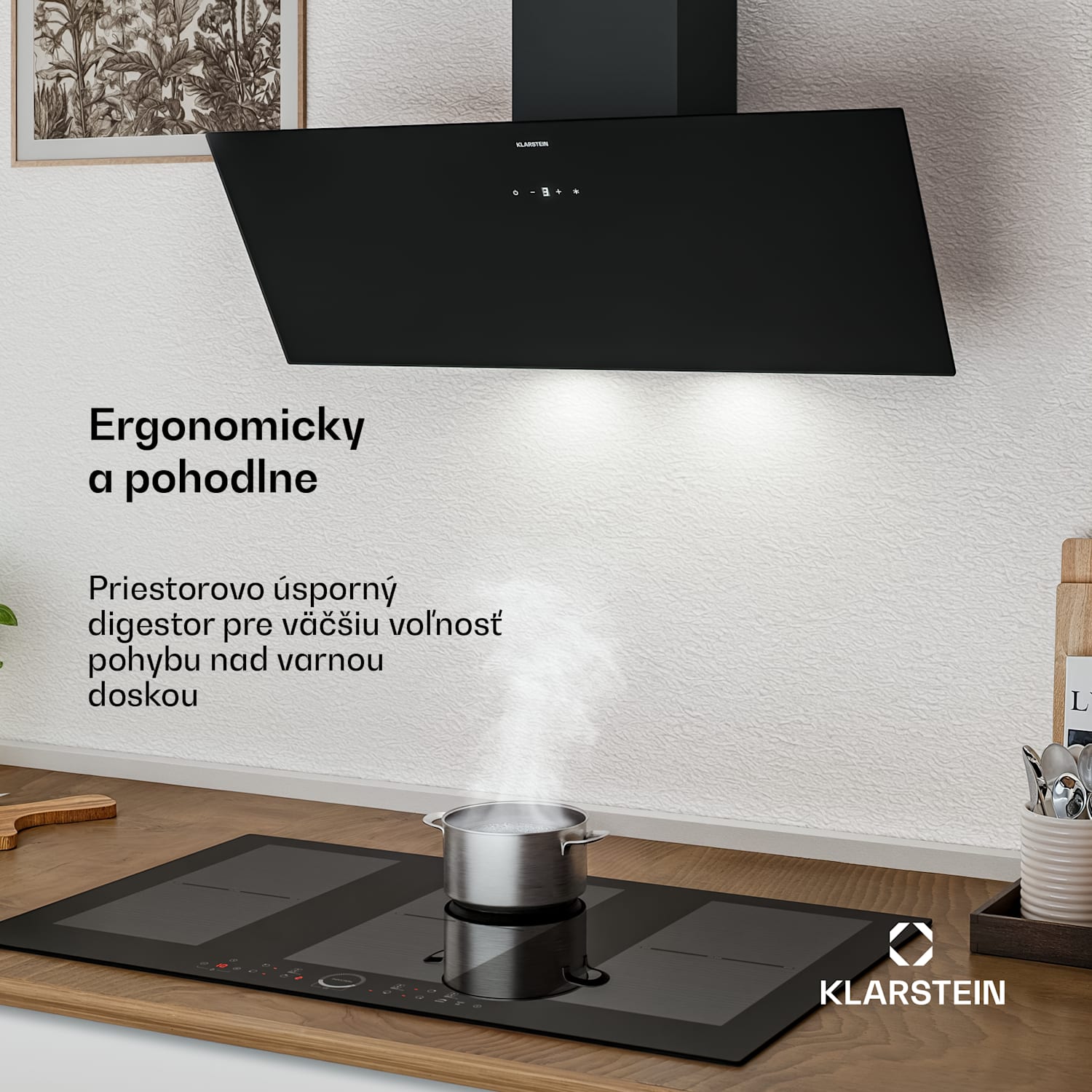 Laurel šikmý digestor | režim odsávania vzduchu a recirkulácie | bezpečnostné sklo | 417 m³/h | 90 cm 90 cm | Čierna