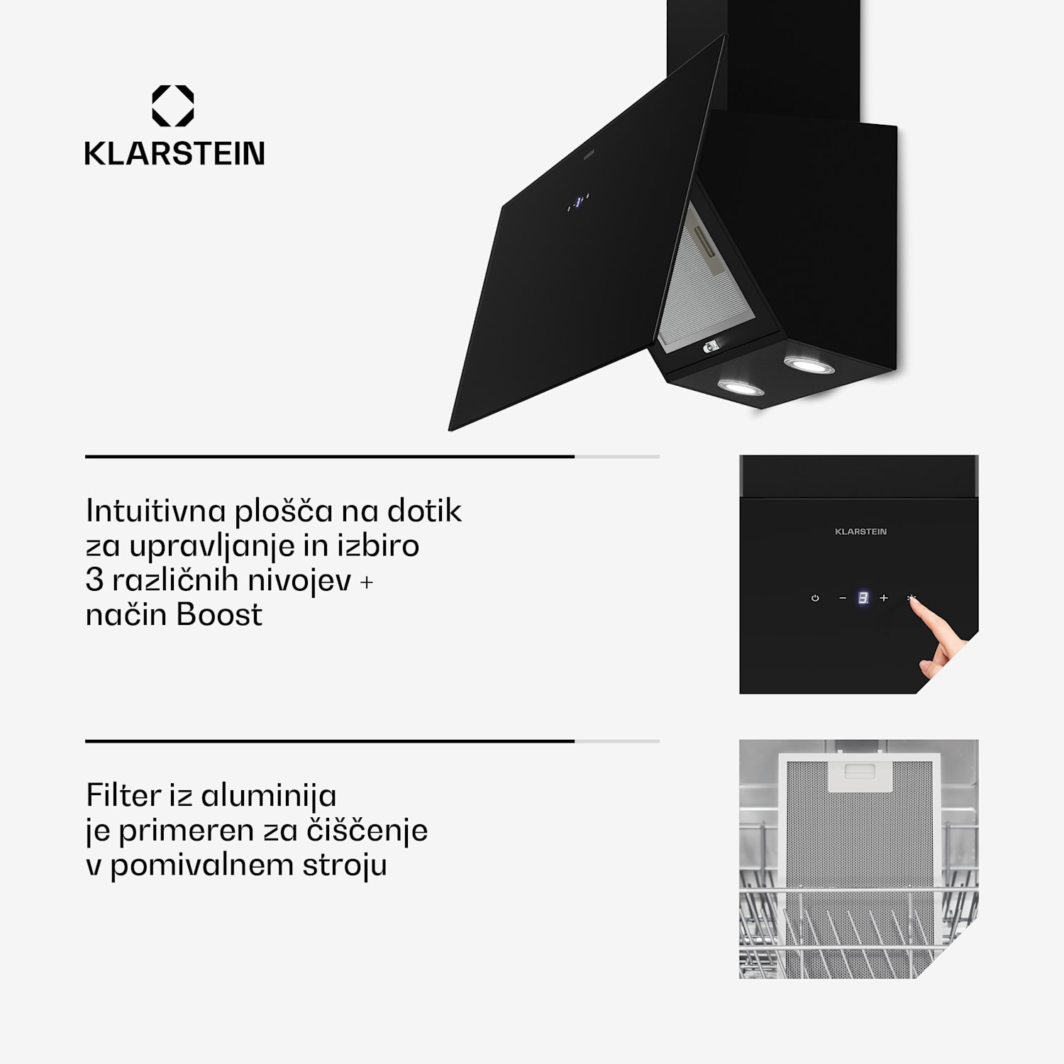 Laurel poševna kuhinjska napa | način odsesavanja in recirkulacije zraka | varnostno steklo | 417 m³/h | 60 cm 90 cm | Črna