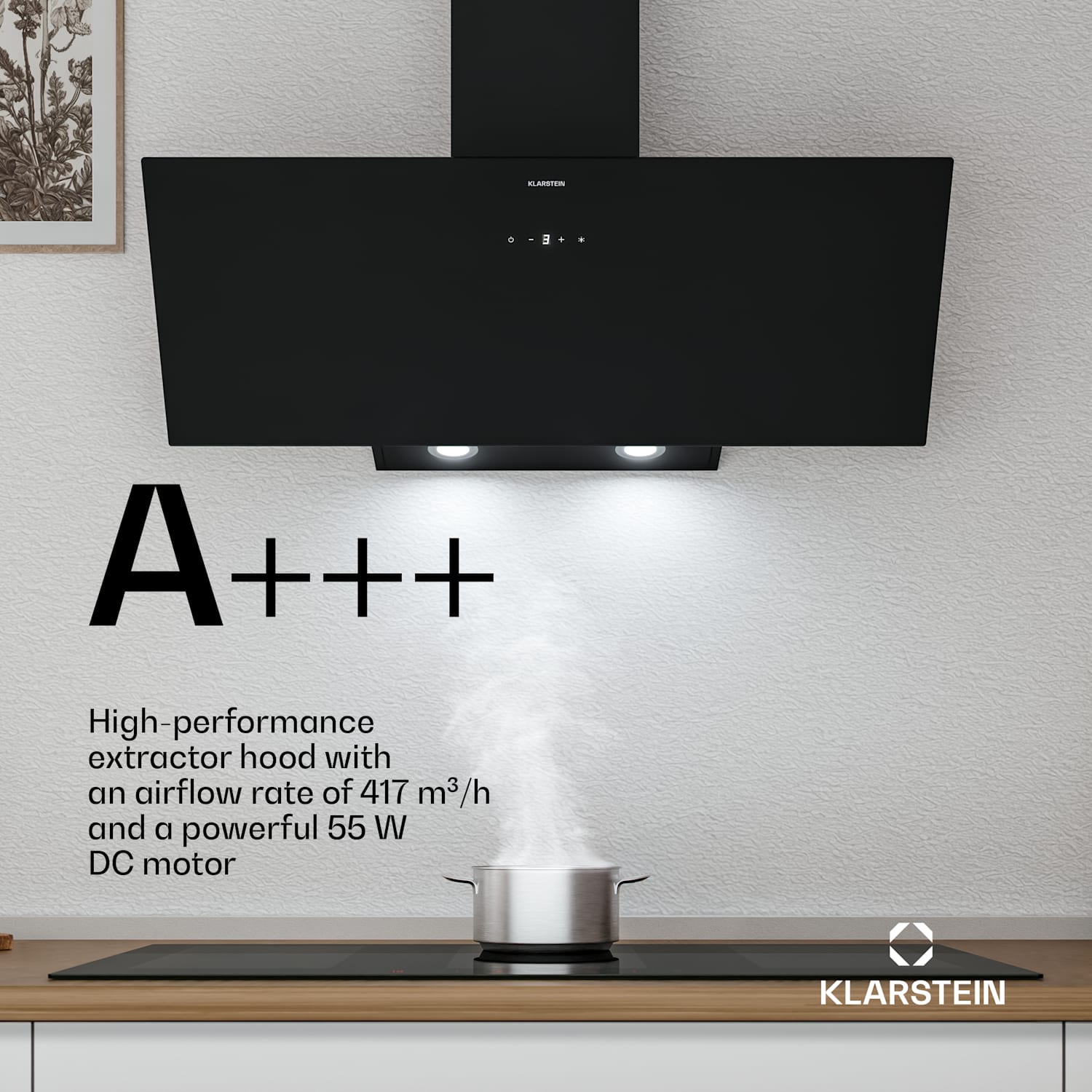 Laurel liesituuletin | Poisto- ja kiertoilmatoiminto | Turvalasi | 417 m³/h | 90 cm 90 cm | Musta