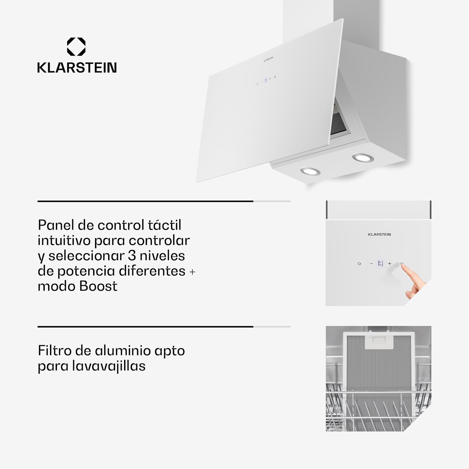 Campana extractora Laurel sin tapa | Modo extracción y recirculación | Vidrio de seguridad | 417 m³/h | 60 cm 60 cm | Blanco