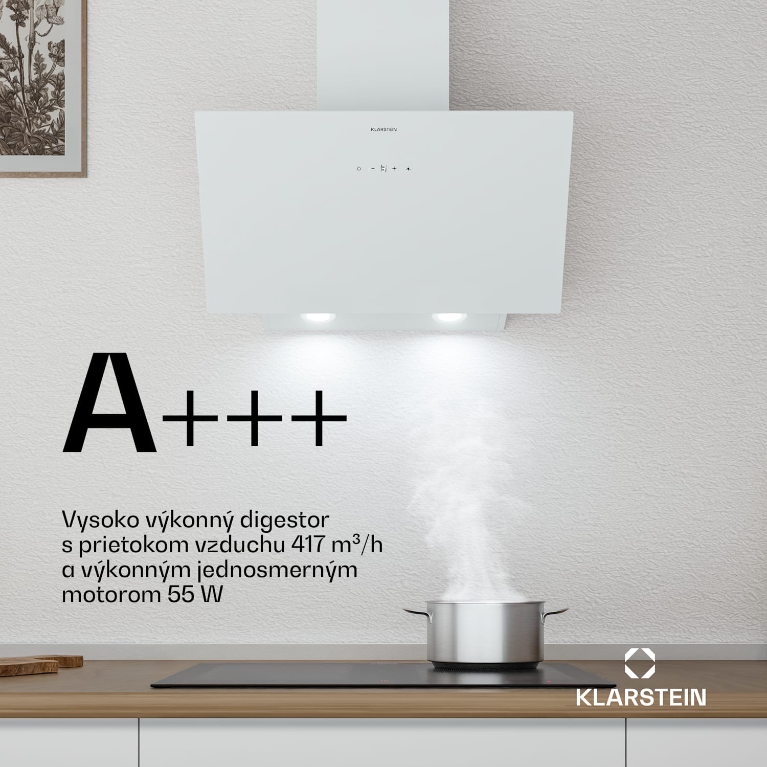 Laurel šikmý digestor | režim odsávania vzduchu a recirkulácie | bezpečnostné sklo | 417 m³/h | 60 cm 60 cm | Biela