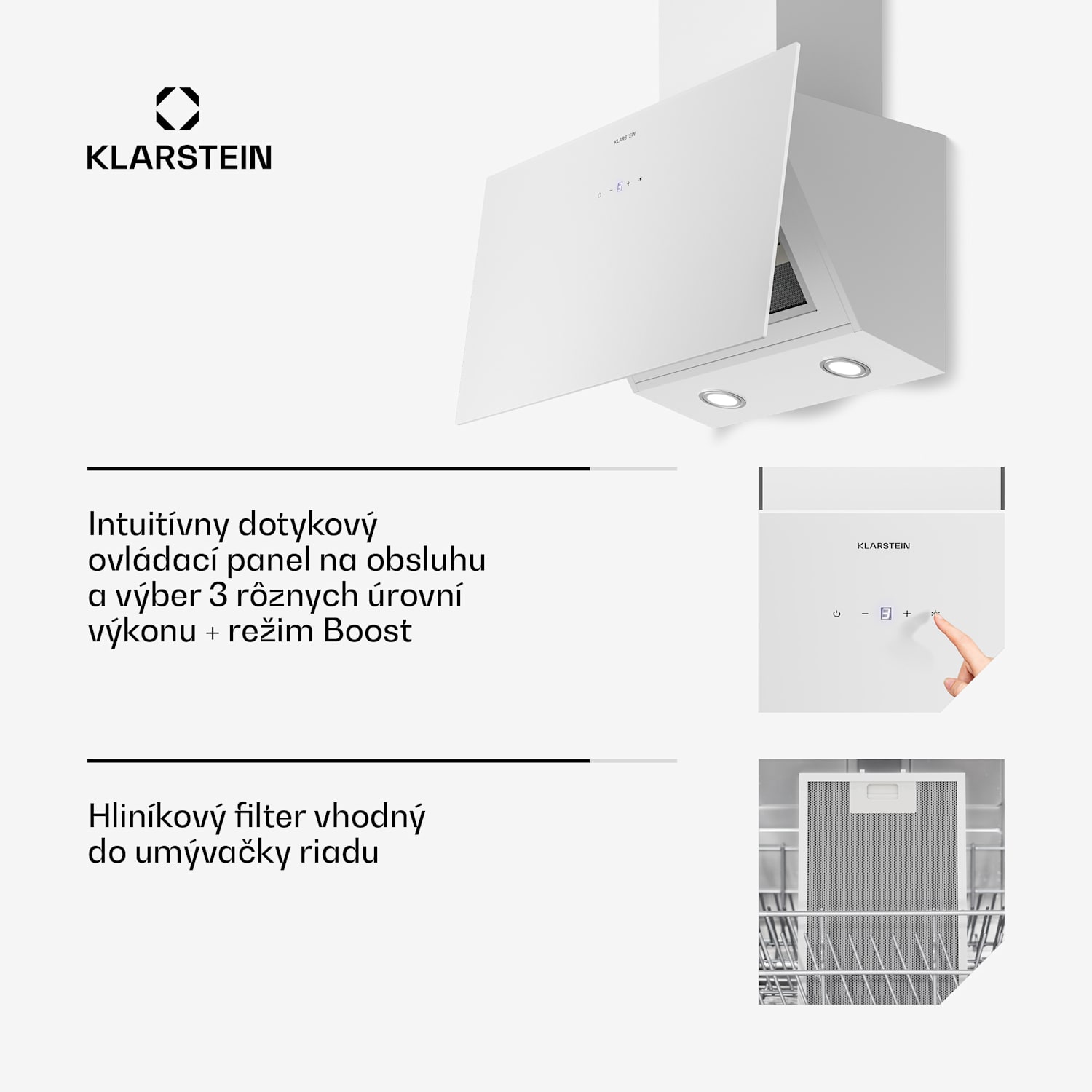 Laurel šikmý digestor | režim odsávania vzduchu a recirkulácie | bezpečnostné sklo | 417 m³/h | 60 cm 60 cm | Biela