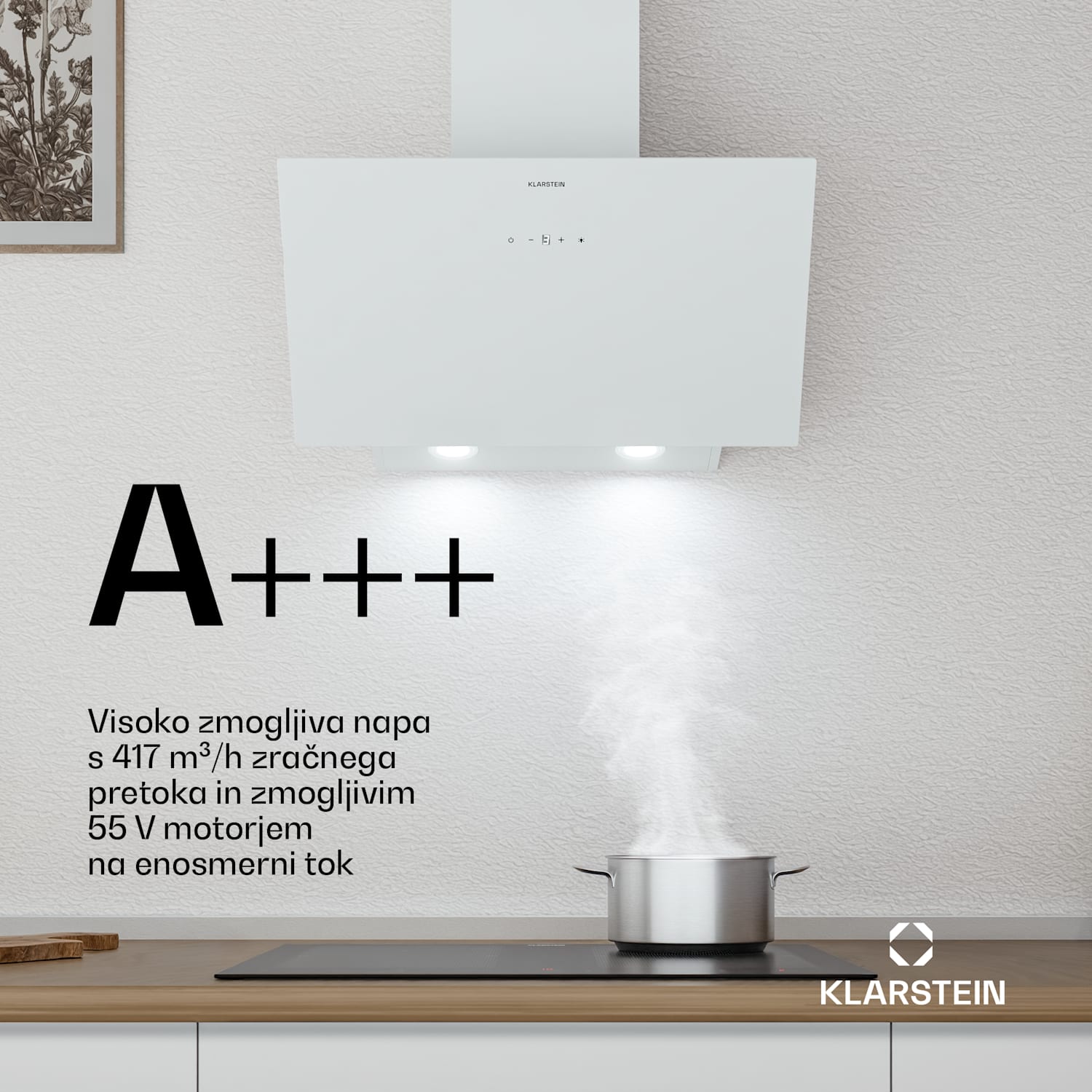 Laurel poševna kuhinjska napa | način odsesavanja in recirkulacije zraka | varnostno steklo | 417 m³/h | 60 cm 60 cm | Bela