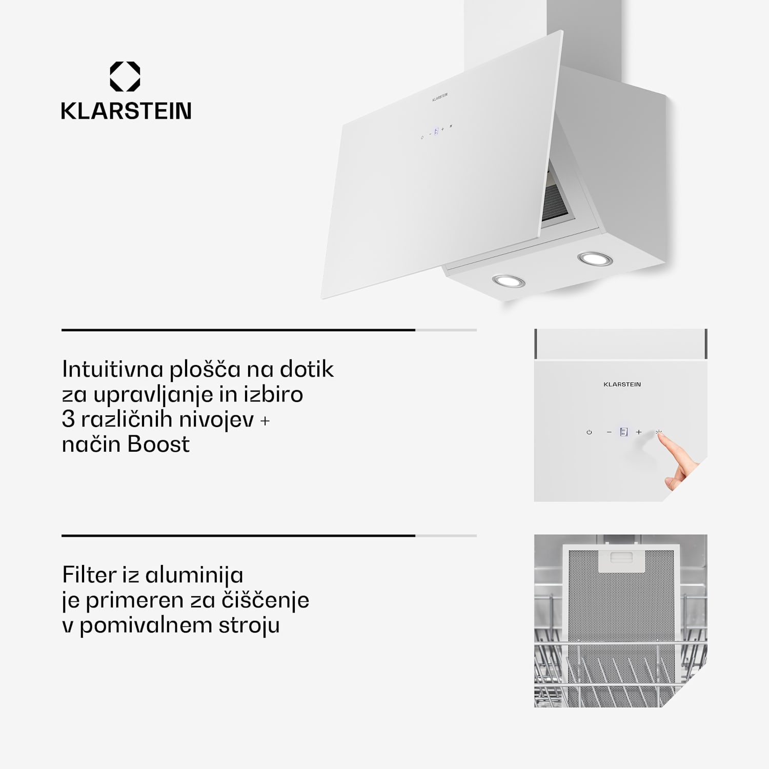 Laurel poševna kuhinjska napa | način odsesavanja in recirkulacije zraka | varnostno steklo | 417 m³/h | 60 cm 60 cm | Bela