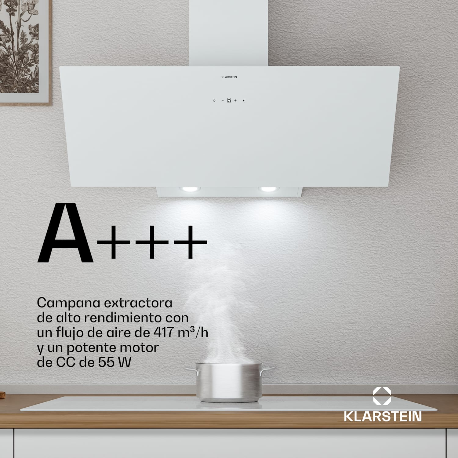 Campana extractora Laurel sin tapa | Modo extracción y recirculación | Vidrio de seguridad | 417 m³/h | 90 cm 90 cm | Blanco