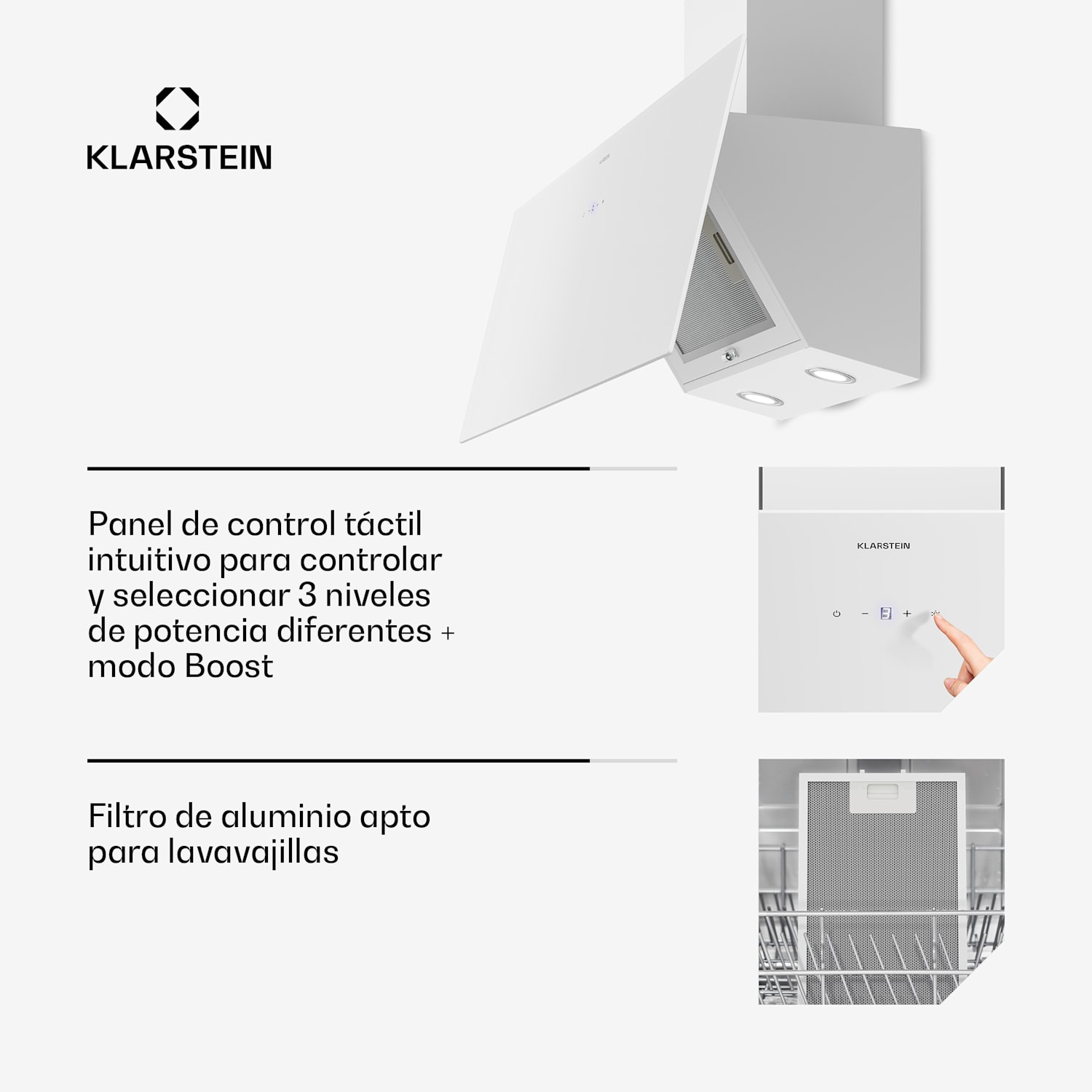 Campana extractora Laurel sin tapa | Modo extracción y recirculación | Vidrio de seguridad | 417 m³/h | 90 cm 90 cm | Blanco