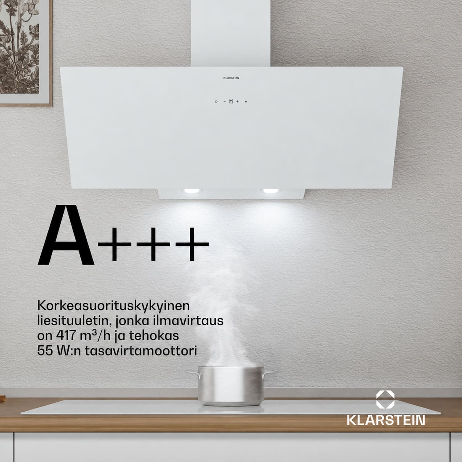 Laurel liesituuletin | Poisto- ja kiertoilmatoiminto | Turvalasi | 417 m³/h | 90 cm 90 cm | Valkoinen