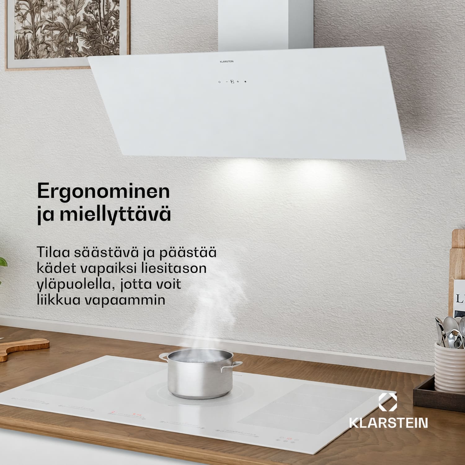 Laurel liesituuletin | Poisto- ja kiertoilmatoiminto | Turvalasi | 417 m³/h | 90 cm 90 cm | Valkoinen