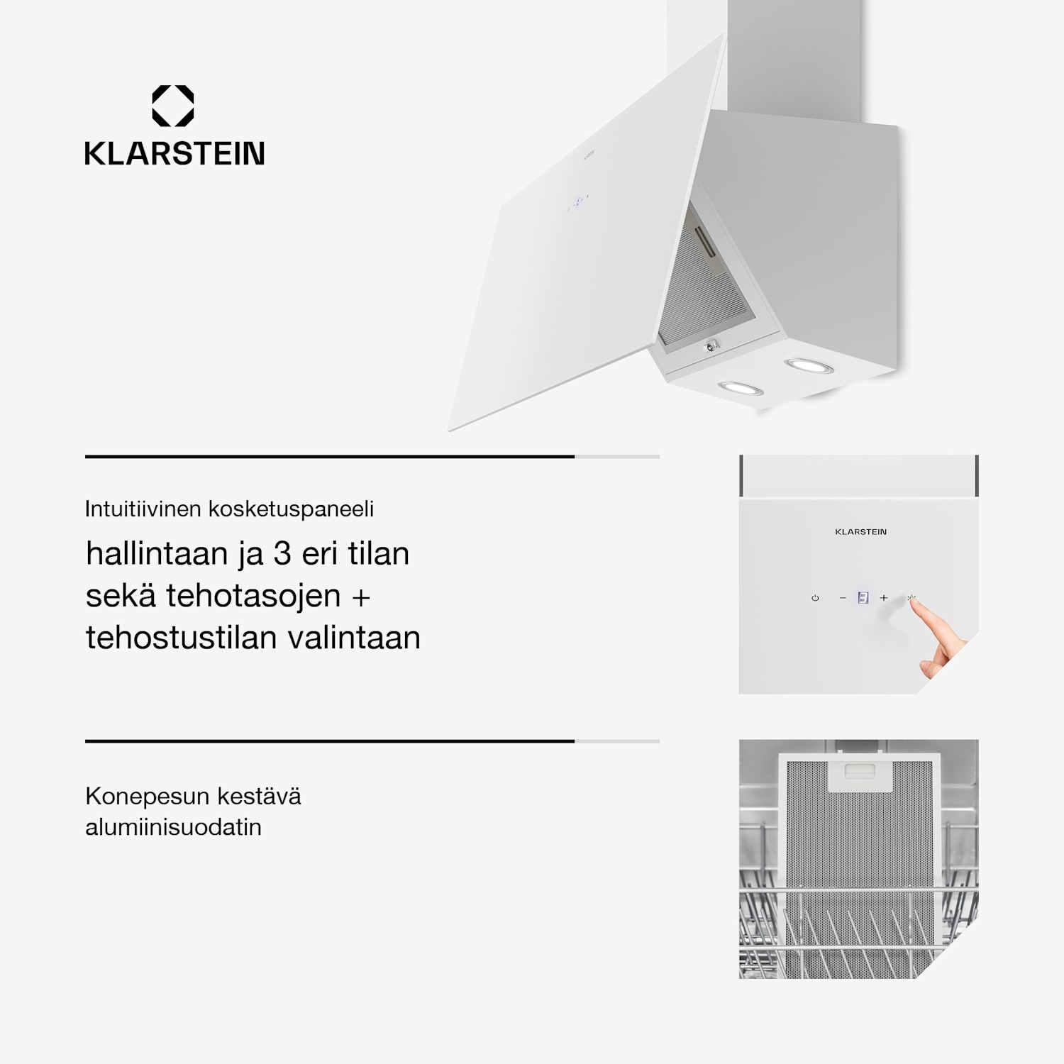 Laurel liesituuletin | Poisto- ja kiertoilmatoiminto | Turvalasi | 417 m³/h | 90 cm 90 cm | Valkoinen
