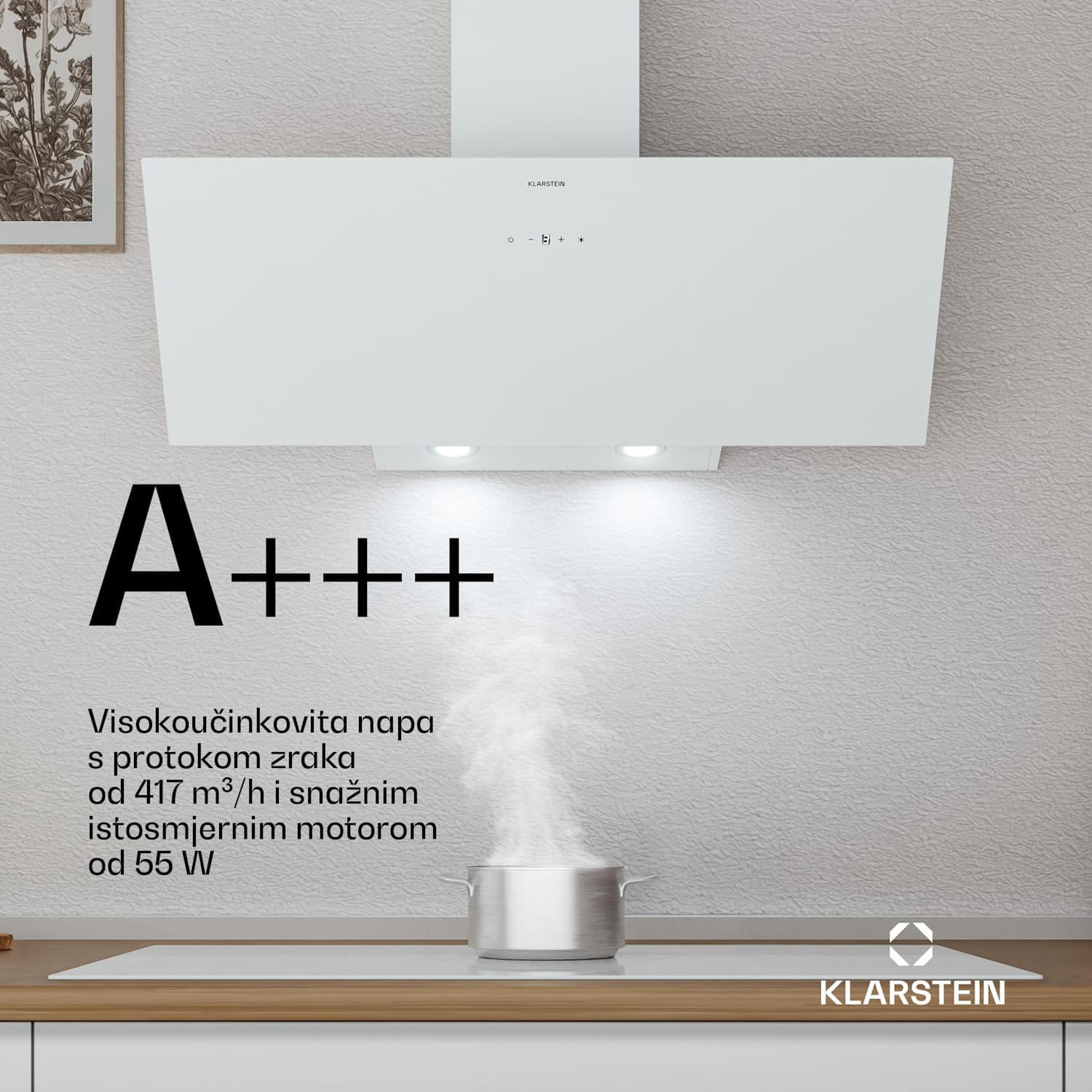 Laurel kosa napa | režim ekstrakcije i recirkulacije zraka | sigurnosno staklo | 417 m³/h | 90 cm 90 cm | Bijela