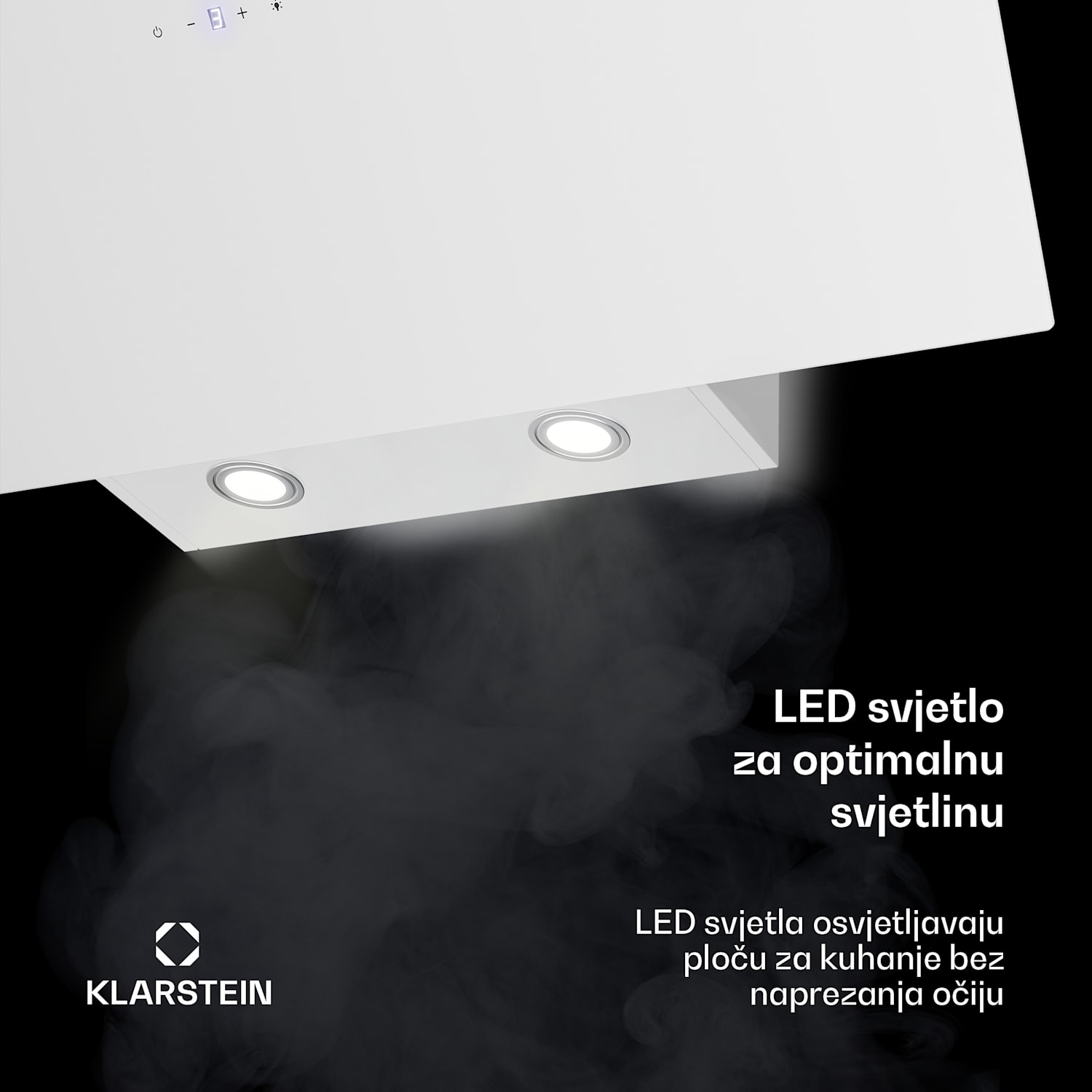 Laurel kosa napa | režim ekstrakcije i recirkulacije zraka | sigurnosno staklo | 417 m³/h | 90 cm 90 cm | Bijela