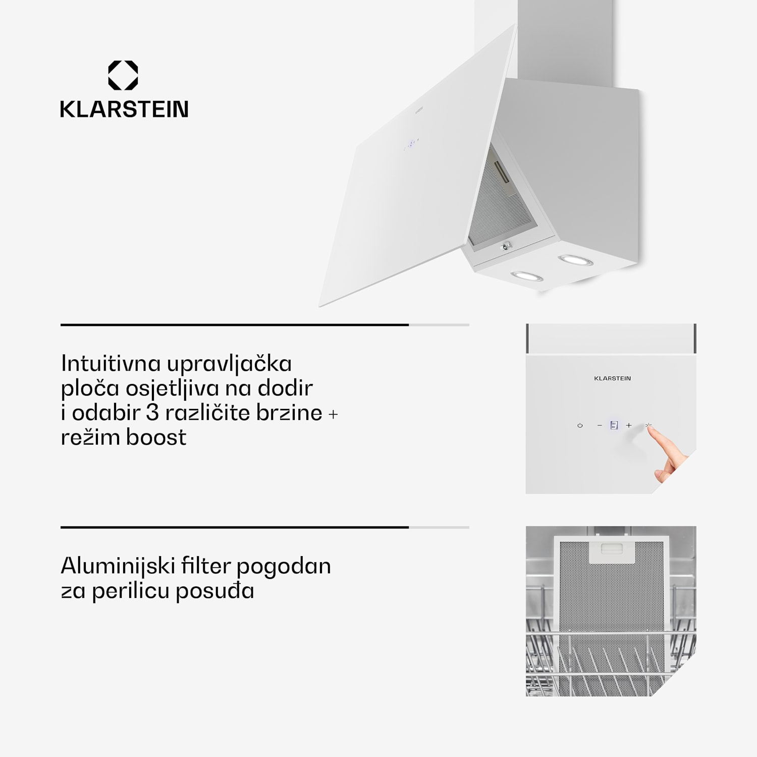 Laurel kosa napa | režim ekstrakcije i recirkulacije zraka | sigurnosno staklo | 417 m³/h | 90 cm 90 cm | Bijela
