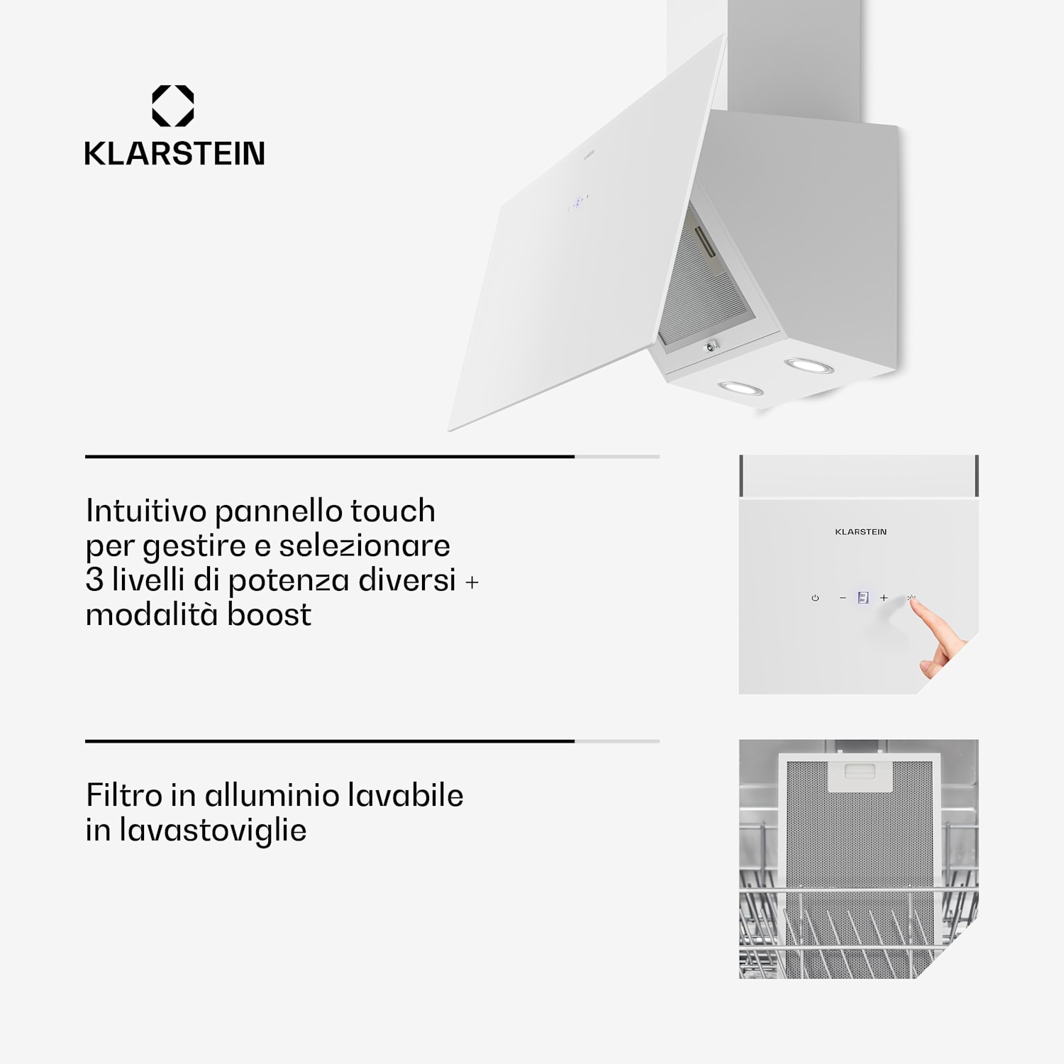 Laurel - Cappa inclinata | Modalità di scarico e ricircolo | Vetro di sicurezza | 417 m³/ora | 90 cm 90 cm | Bianco