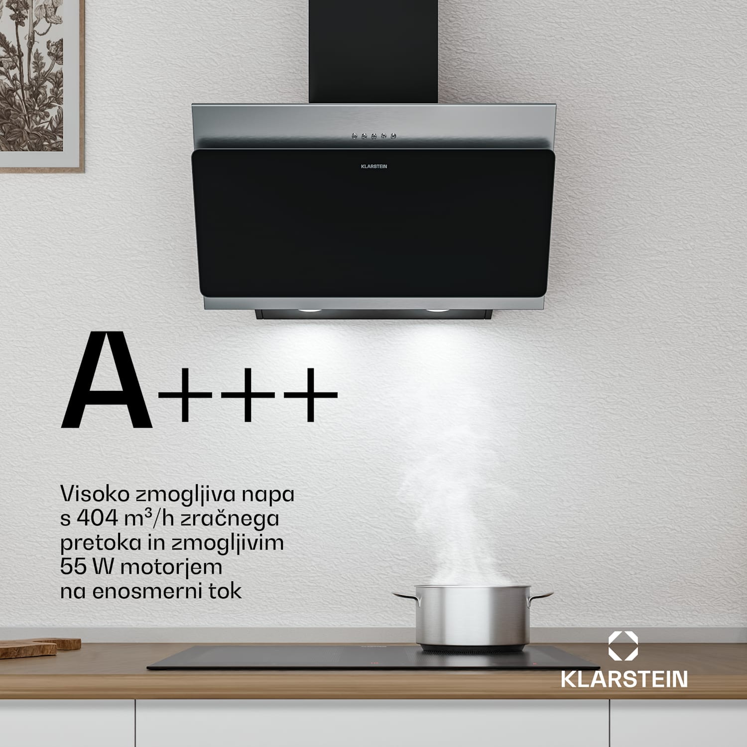 Alessia nagnjena napa | način odvajanja in recirkulacije | nerjaveče jeklo | 404 m³/h | 60 cm 60 cm | Nerjaveče jeklo