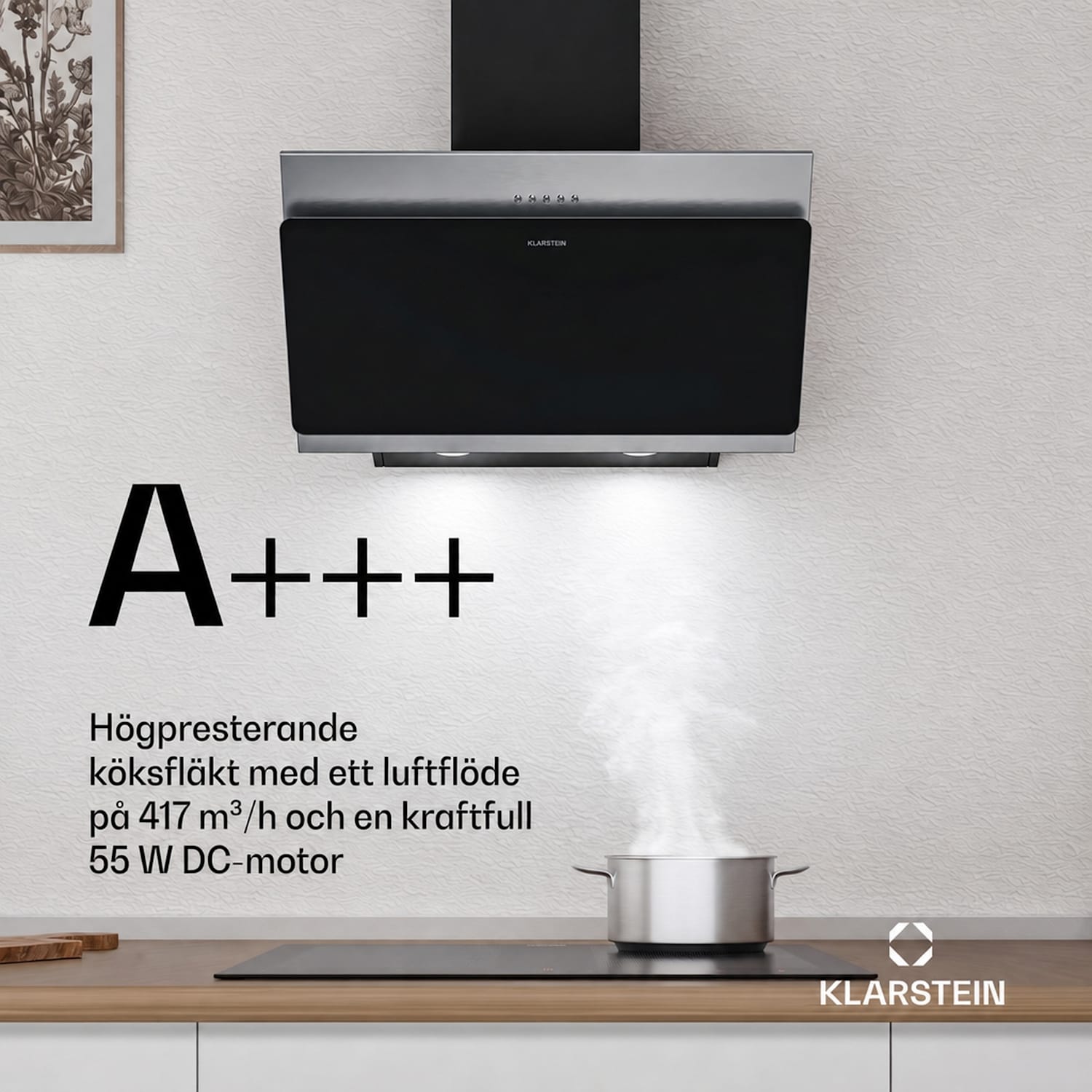 Alessia frihängande fläkt | Frånluft och recirkulation | Rostfritt stål | 417 m³/h | 60 cm 60 cm